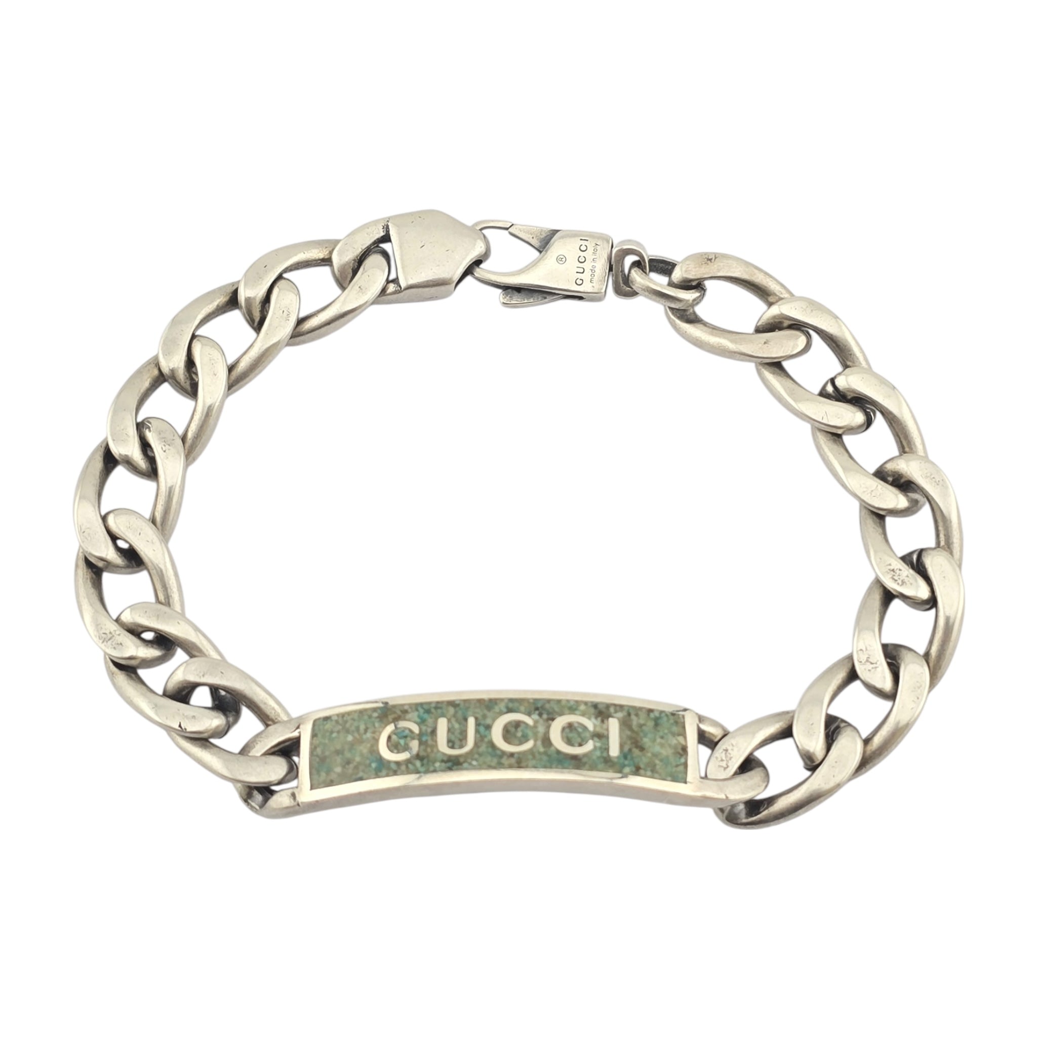 Gucci Silver Green Enamel Logo Bracelet GUCCI