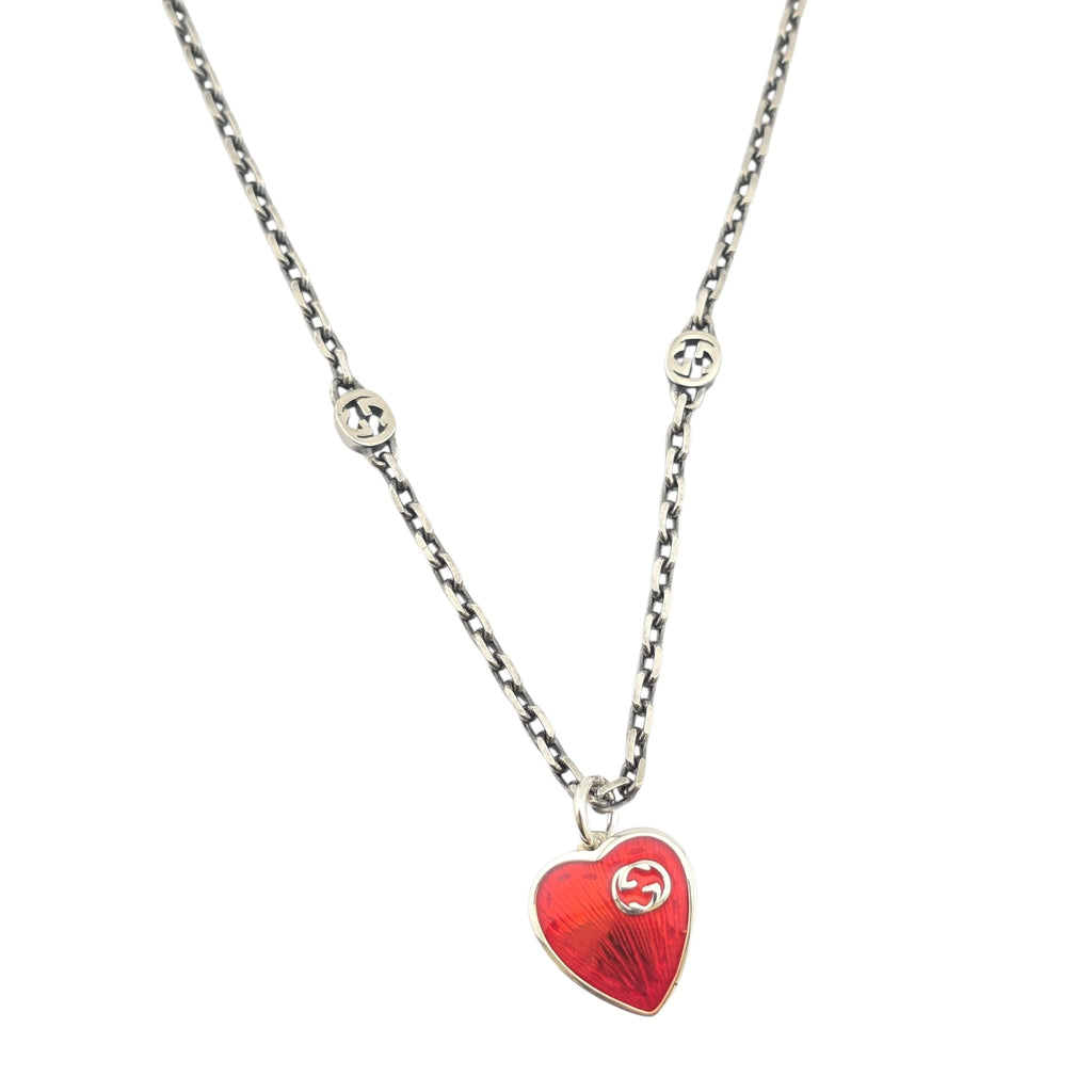 GUCCI Interlocking G Red Heart Silver Necklace GUCCI