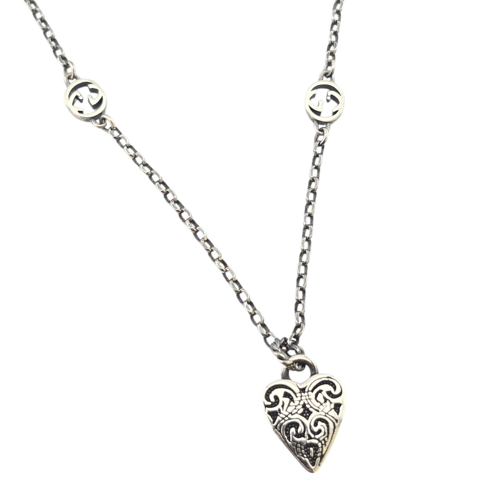 GUCCI GG Engraved Heart Charm Sterling Silver Necklace GUCCI