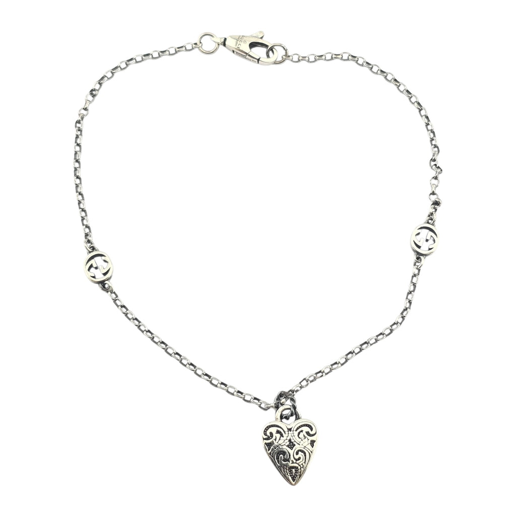 GUCCI GG Engraved Heart Charm Sterling Silver Bracelet GUCCI