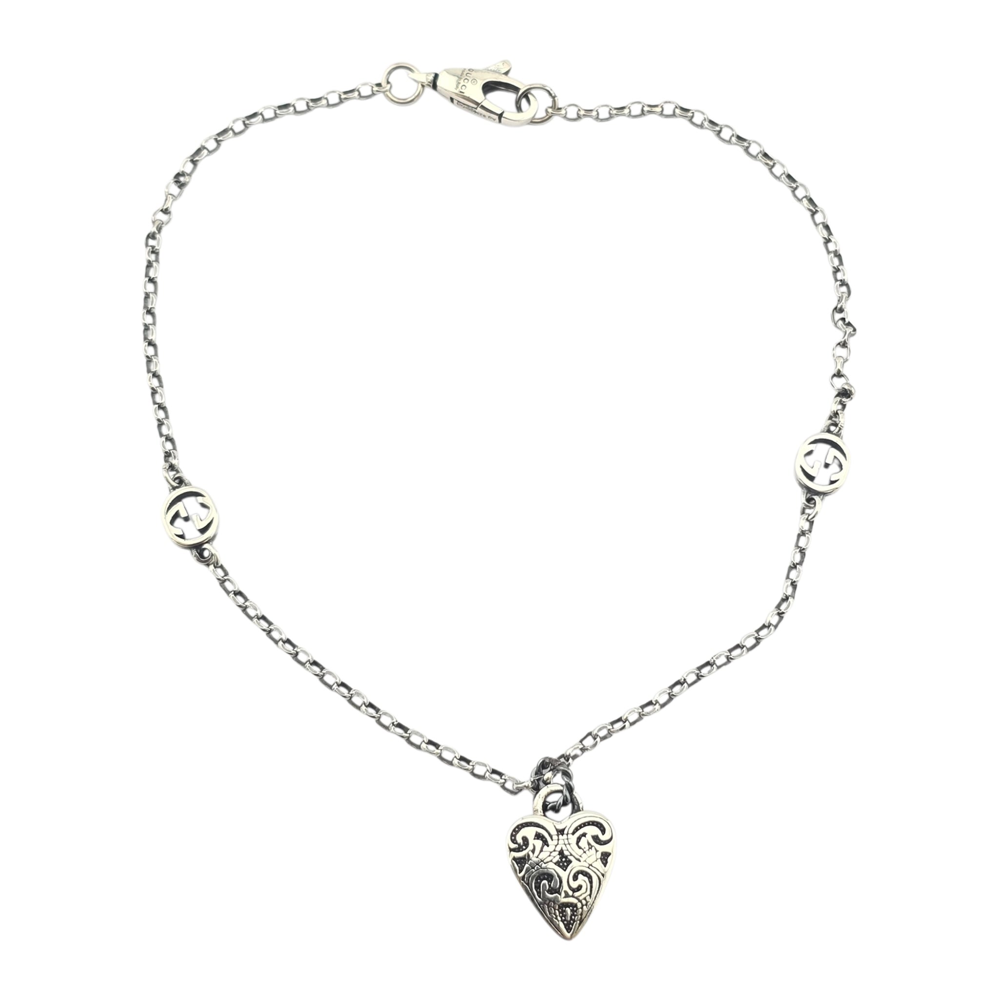 GUCCI GG Engraved Heart Charm Sterling Silver Bracelet GUCCI