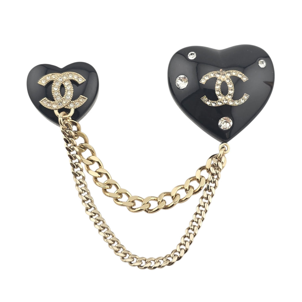 Chanel CC Black Resin Heart Chain Brooch CHANEL