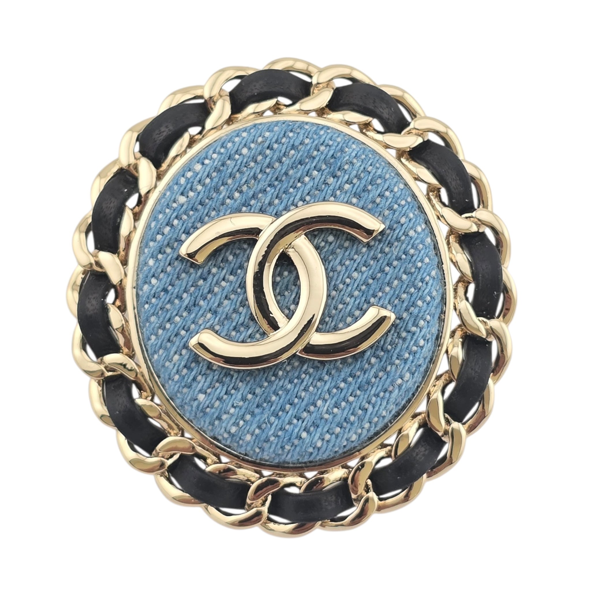 Chanel CC Denim Oval Brooch Blue Gold 2025 CHANEL