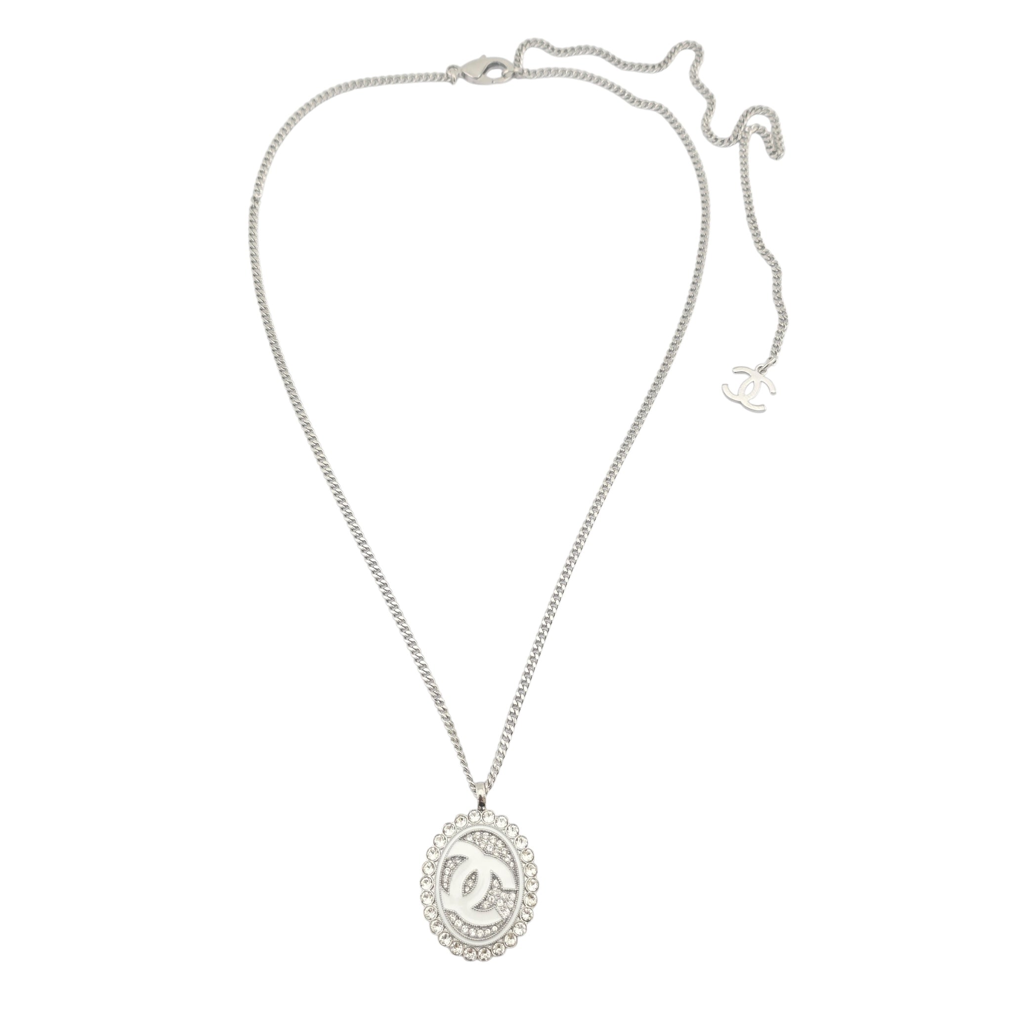 Chanel CC Silver Crystal Oval Pendant Necklace 2025 CHANEL