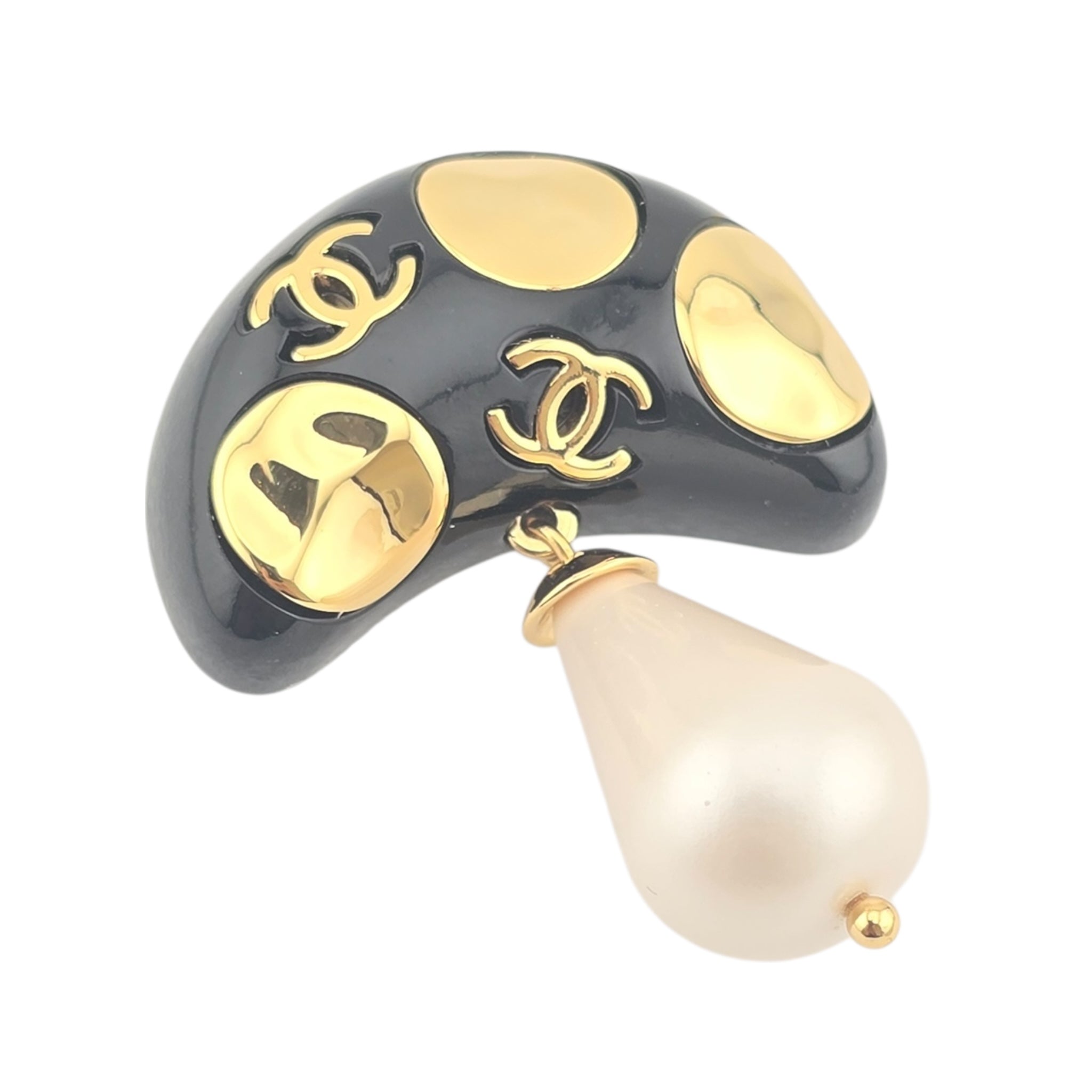 Chanel CC Mushroom Black Gold Pin Brooch CHANEL