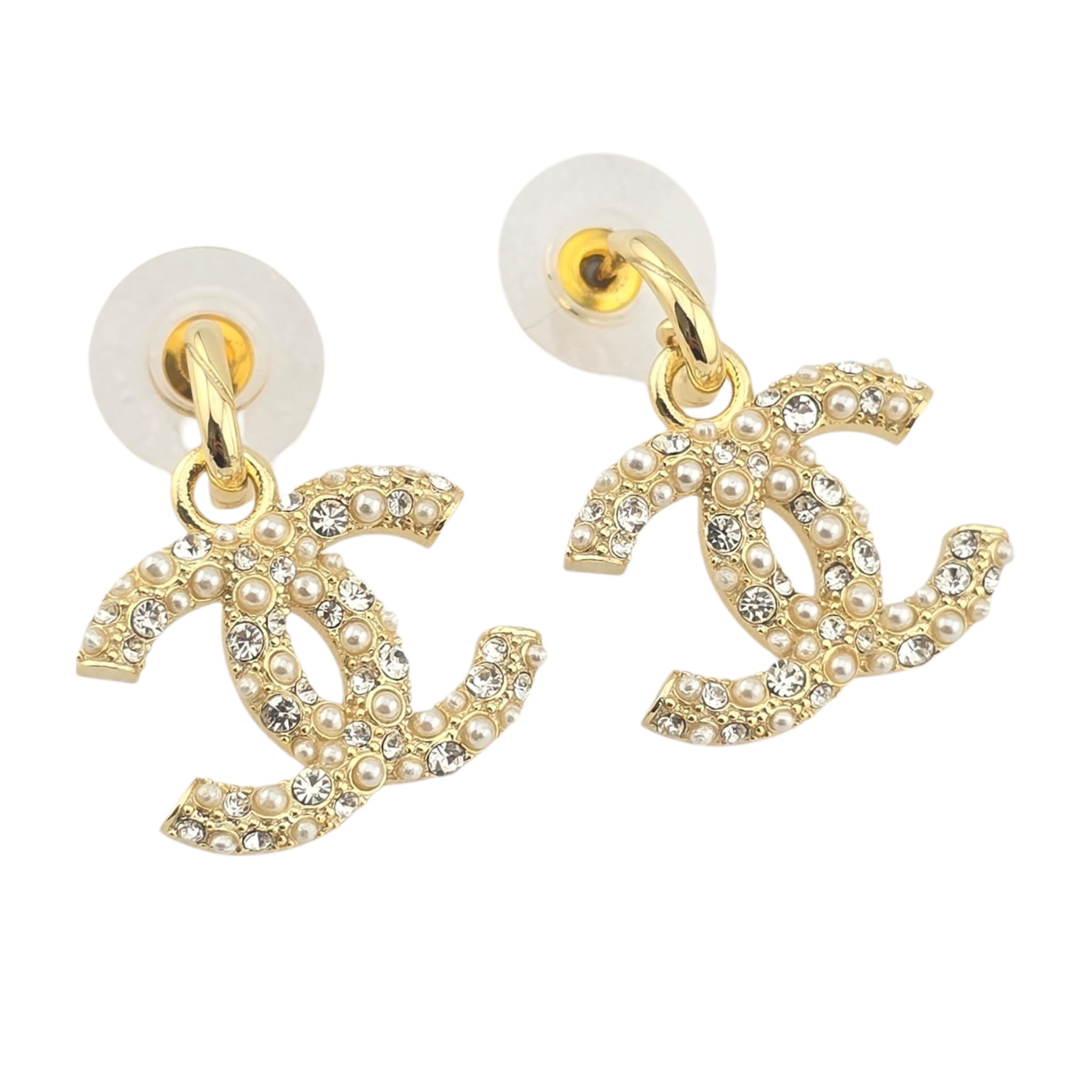 Chanel CC Gold Drop Crystal Faux Pearl Earrings 2022 CHANEL