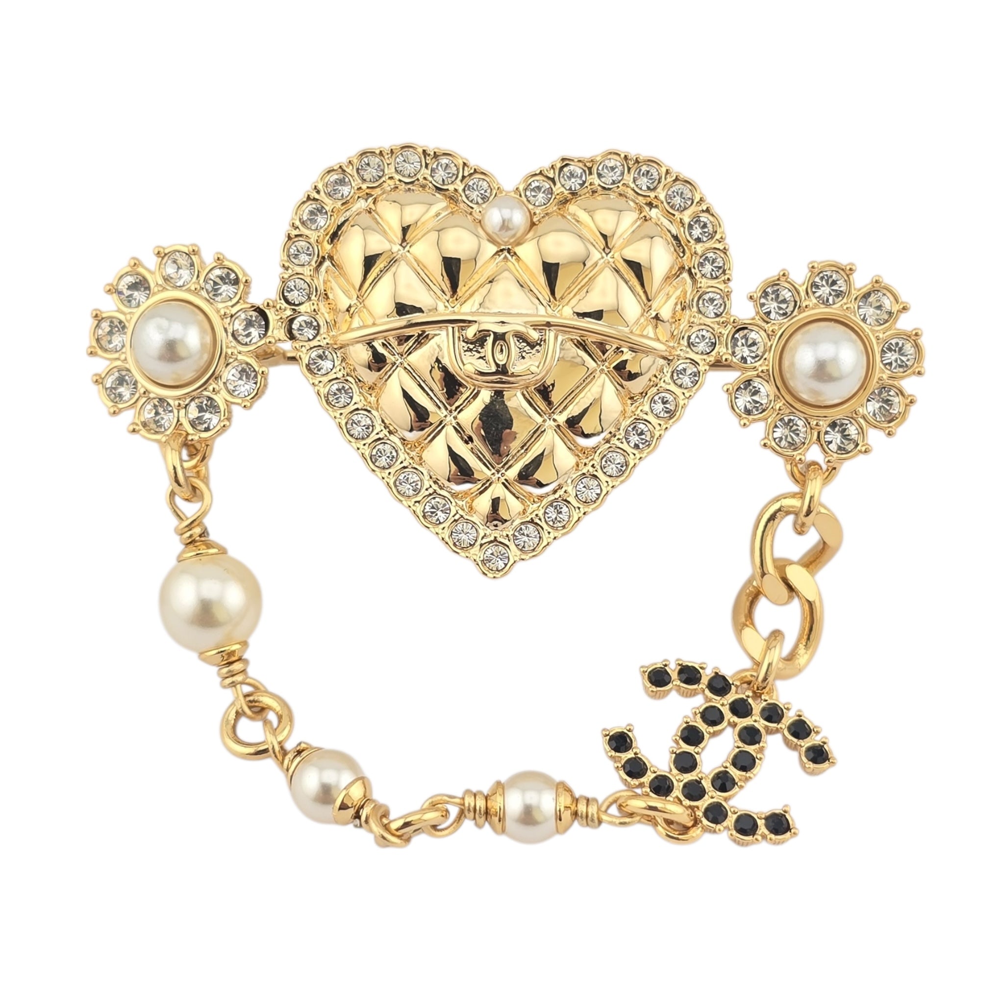 Chanel CC Gold Heart Crystal Faux Pearl Brooch 2024 CHANEL