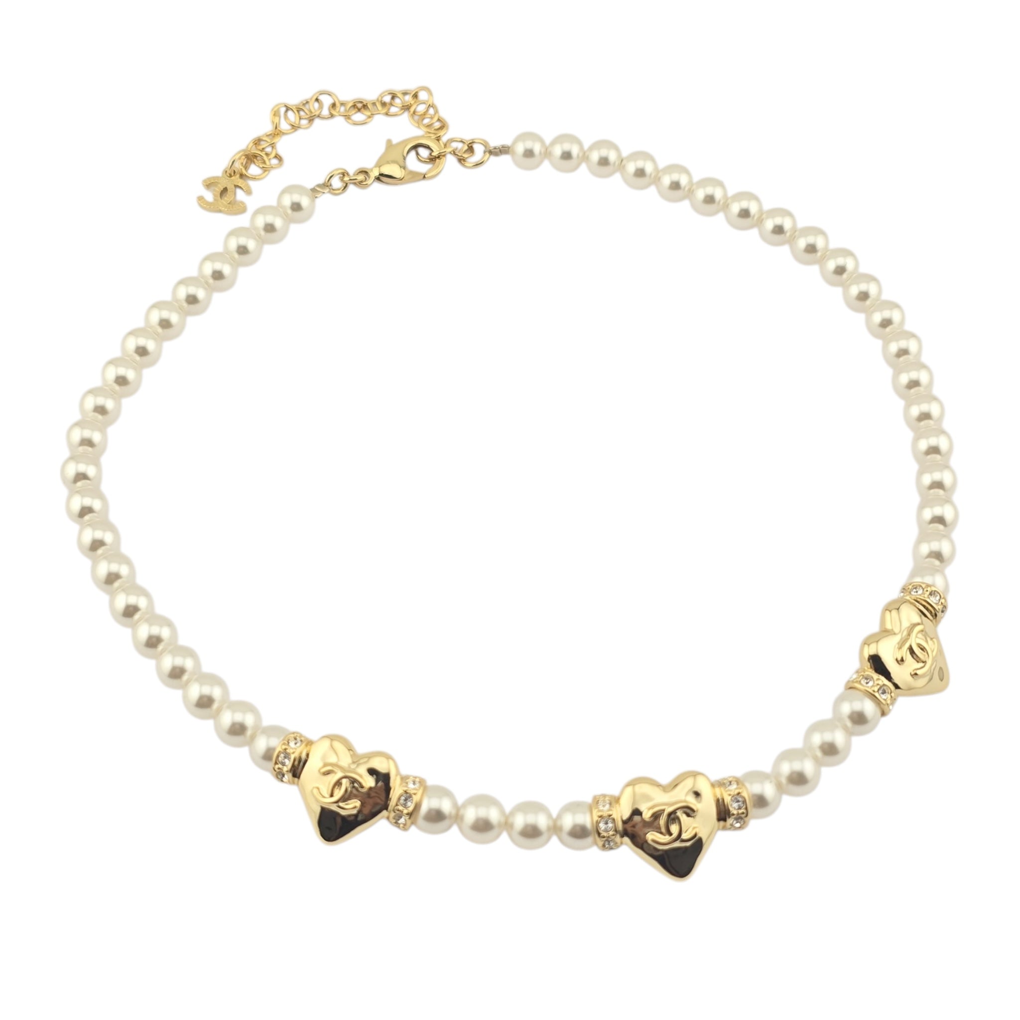Chanel CC Faux Pearl Gold Heart Necklace 2024