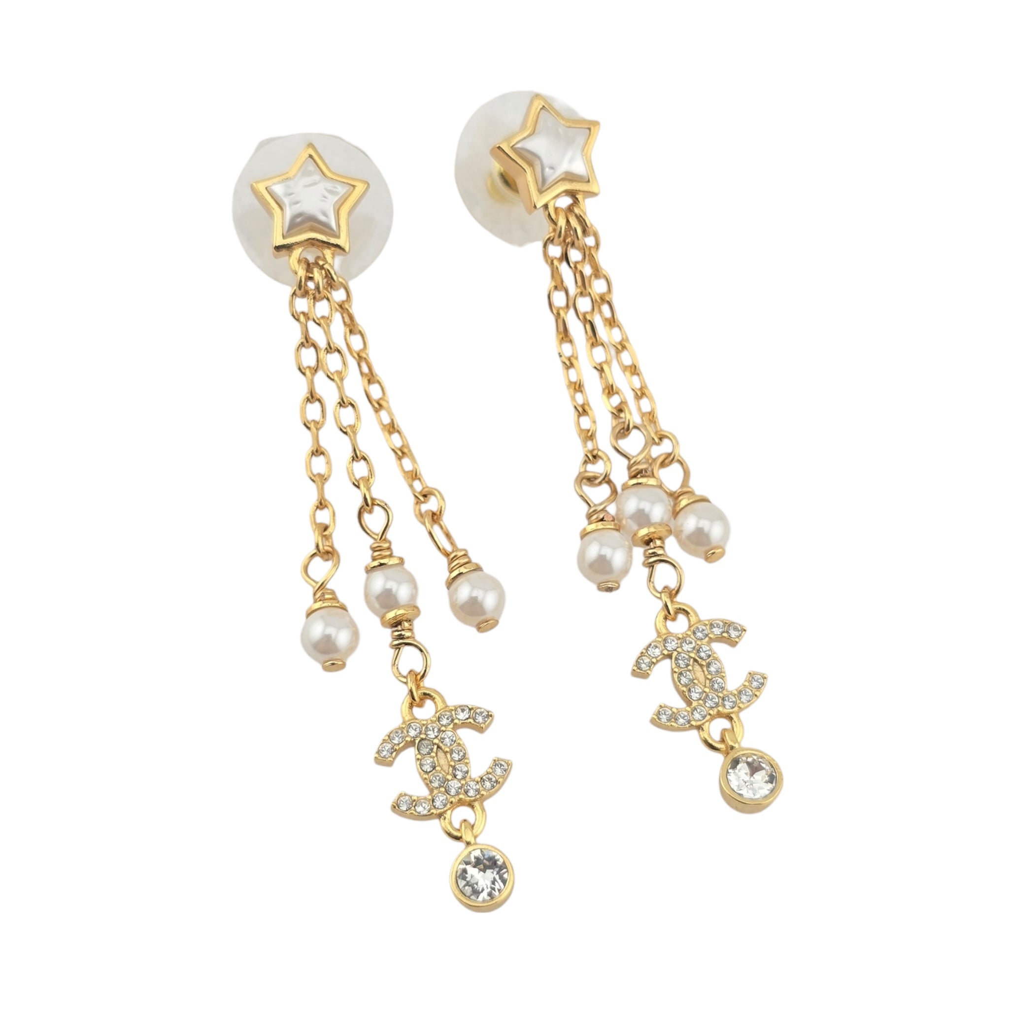 Chanel CC Faux Pearl Star Dangle Gold Earrings 2024
