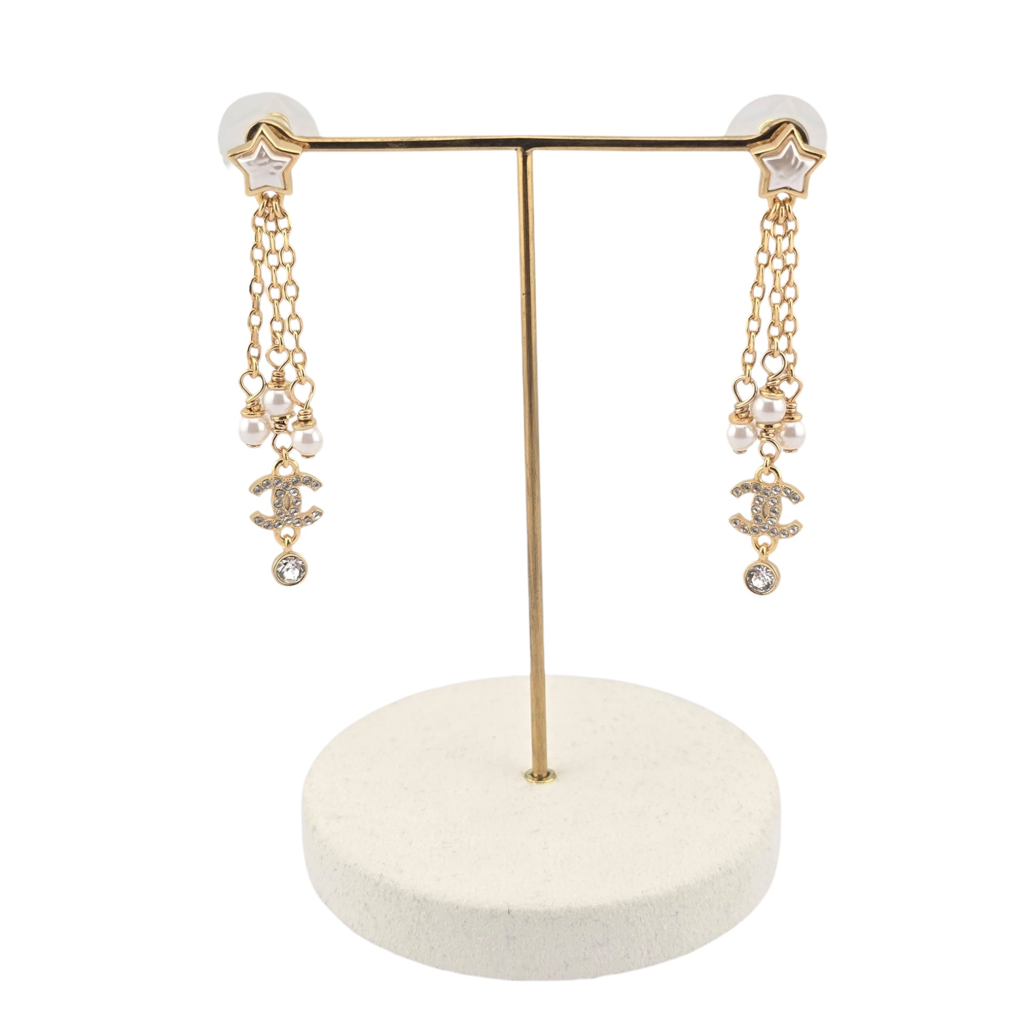 Chanel CC Faux Pearl Star Dangle Gold Earrings 2024