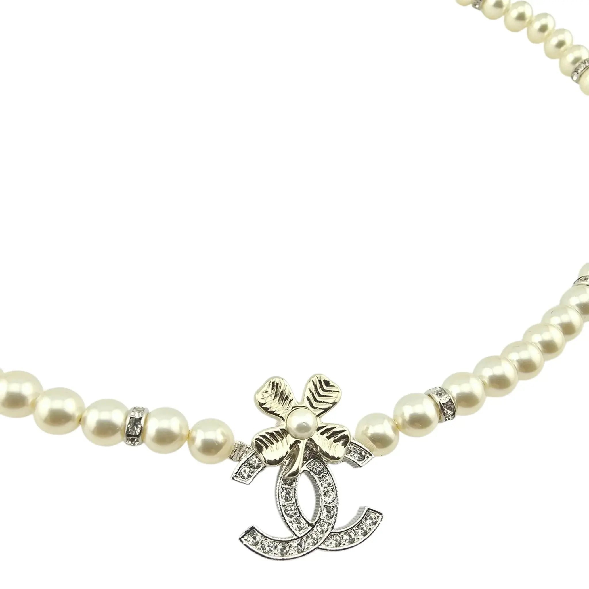Chanel Pearl Necklace with Crystal CC Logo and Floral Detail 2024 CHANEL