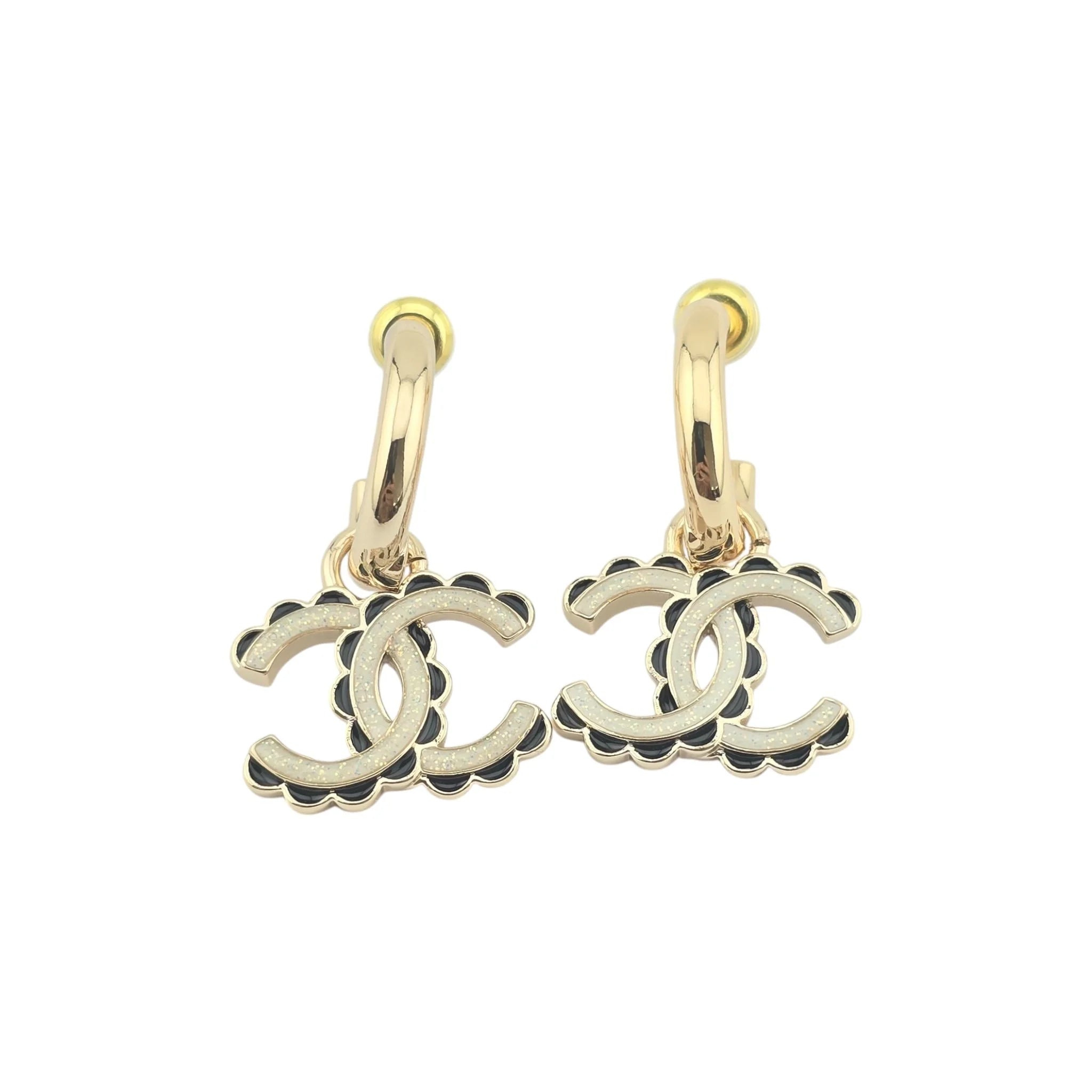 Chanel CC Black/White Enamel Hoop C24 Earrings CHANEL