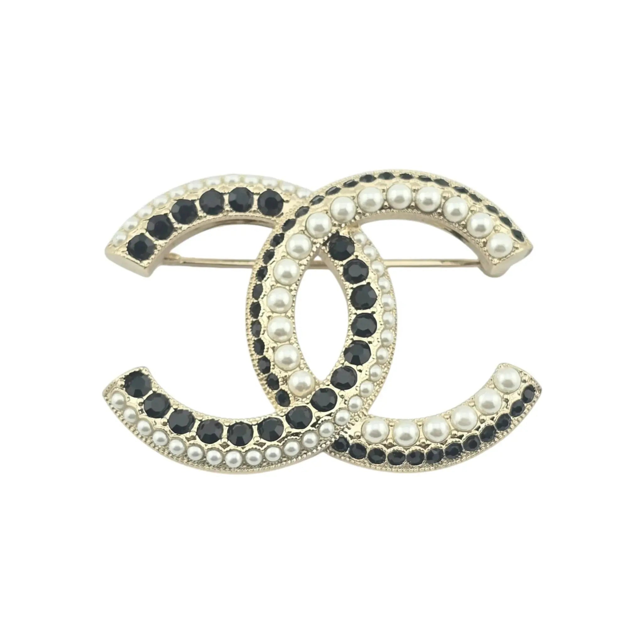 Chanel CC Gold Black Crystals Faux Pearl Brooch 2022 CHANEL