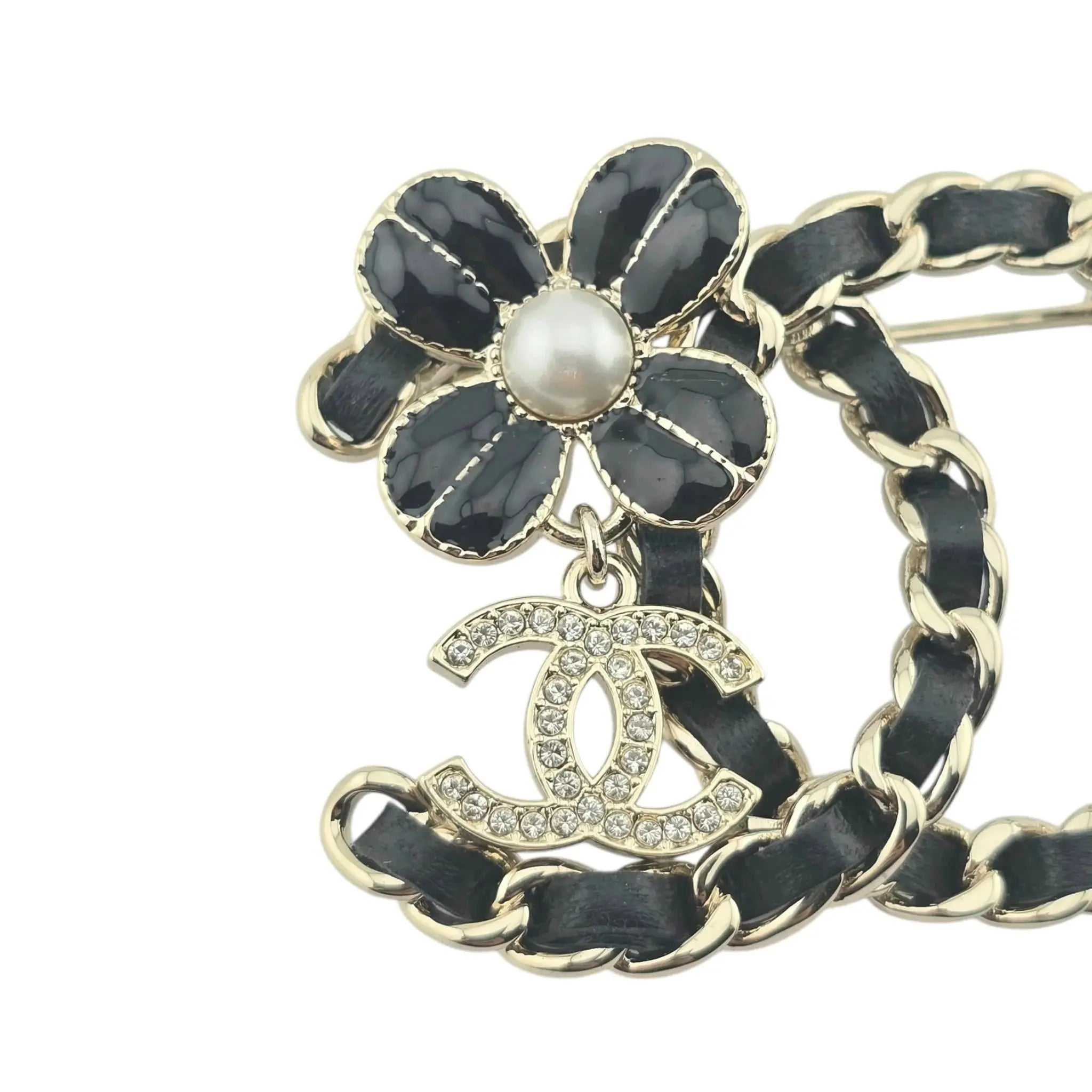 Chanel CC Black Leather Floral Brooch 2022 CHANEL