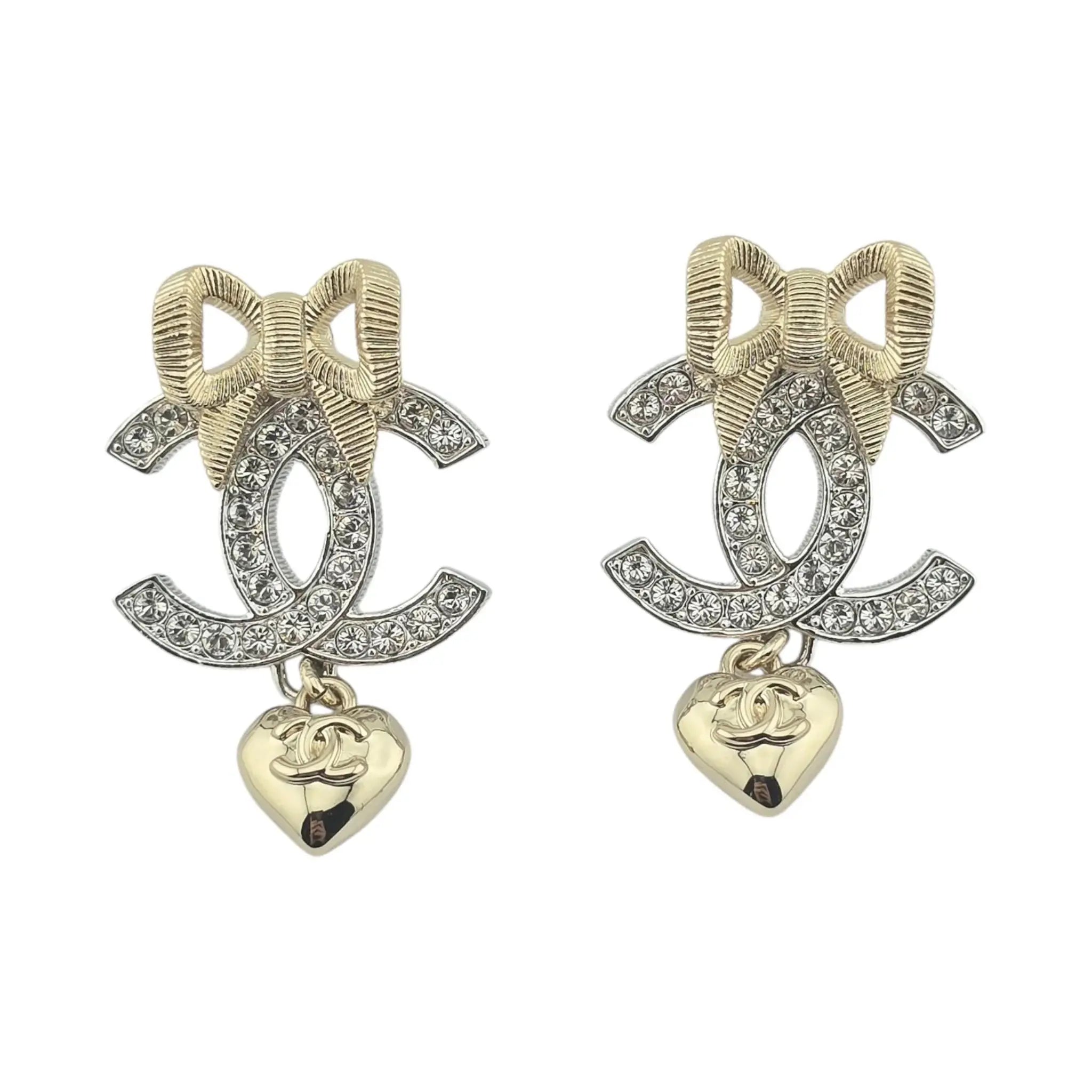 Chanel CC Drop Bow Heart Earrings B24 CHANEL