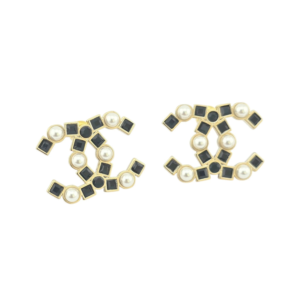 Chanel CC Black Crystal Pearl Stud Earrings 22P CHANEL