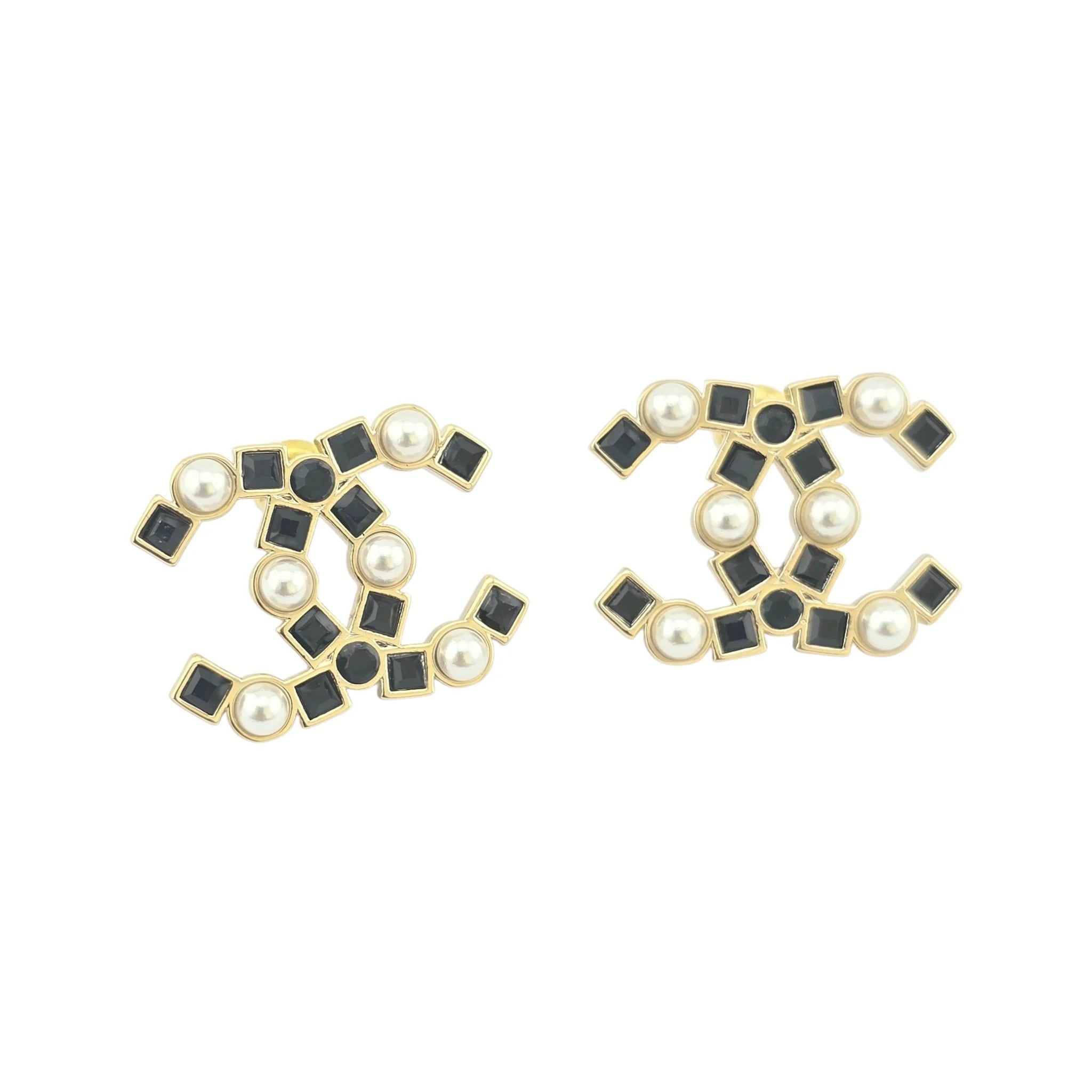 Chanel CC Black Crystal Pearl Stud Earrings 22P CHANEL