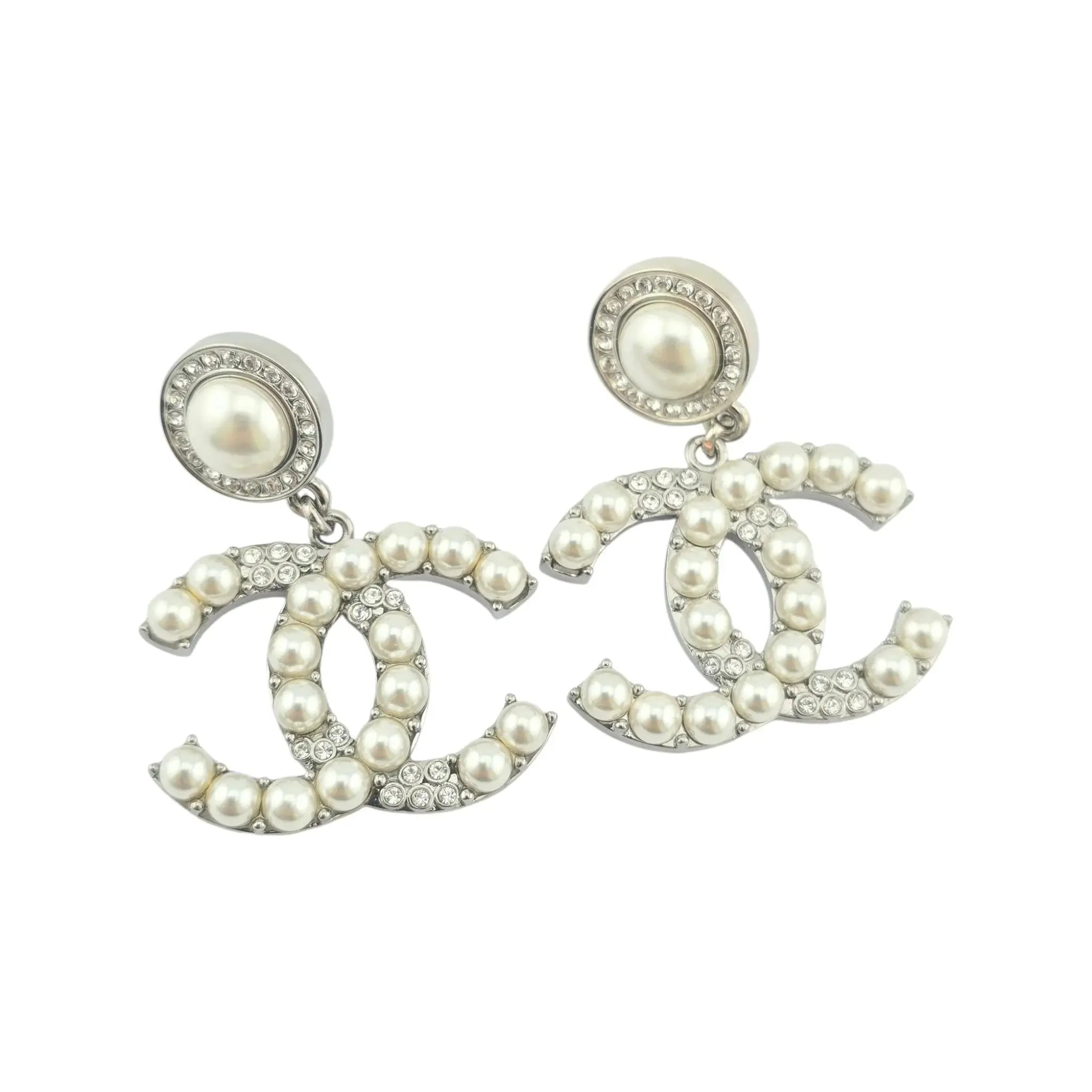 Chanel CC Faux Pearls Crystal Silver Earrings 2021 CHANEL