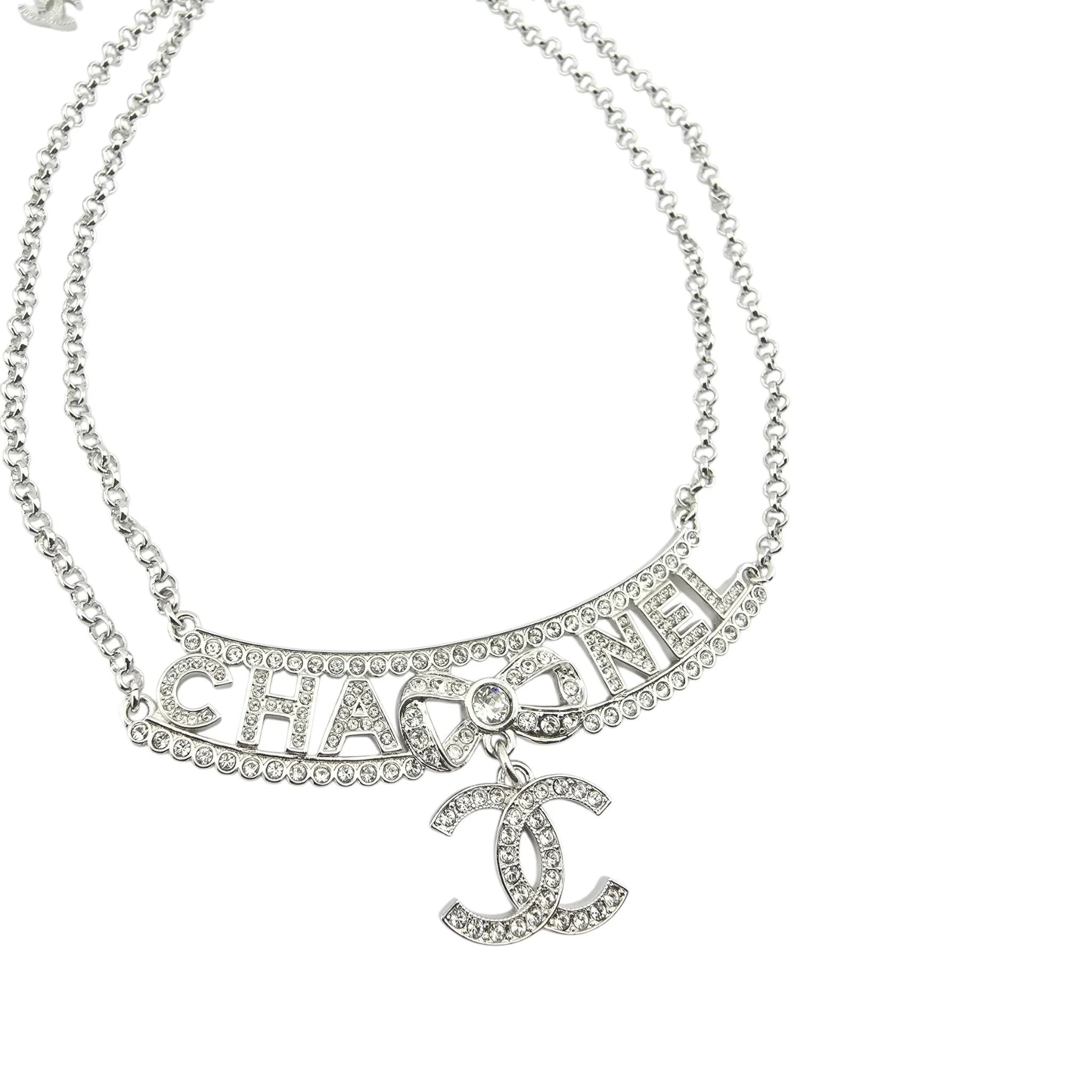 Chanel CC Silver Crystal Pendant Choker Necklace 2022 CHANEL