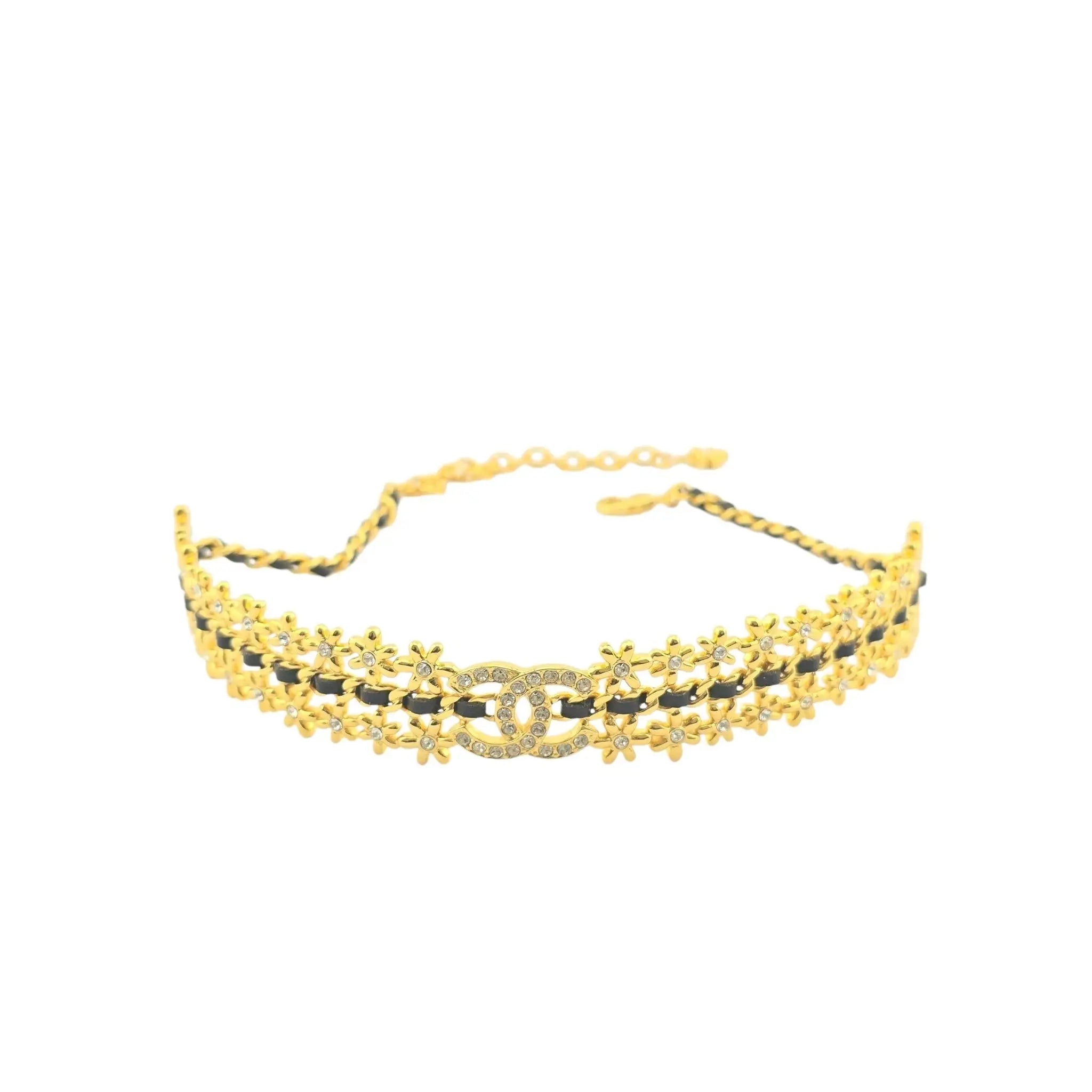 Chanel CC Choker Floral Gold Black Leather Necklace 2023 CHANEL