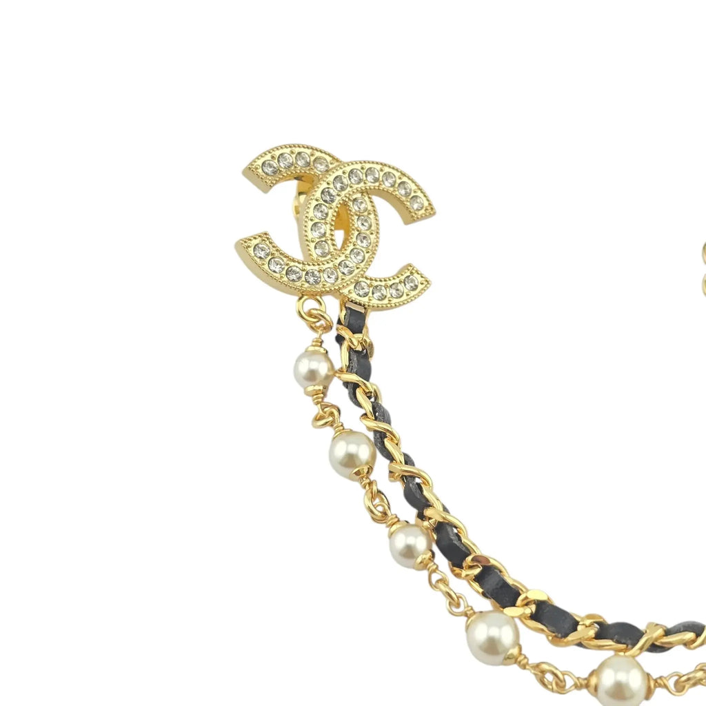 Chanel CC Leather Faux Pearl Crystal Chain Brooch 2024 CHANEL