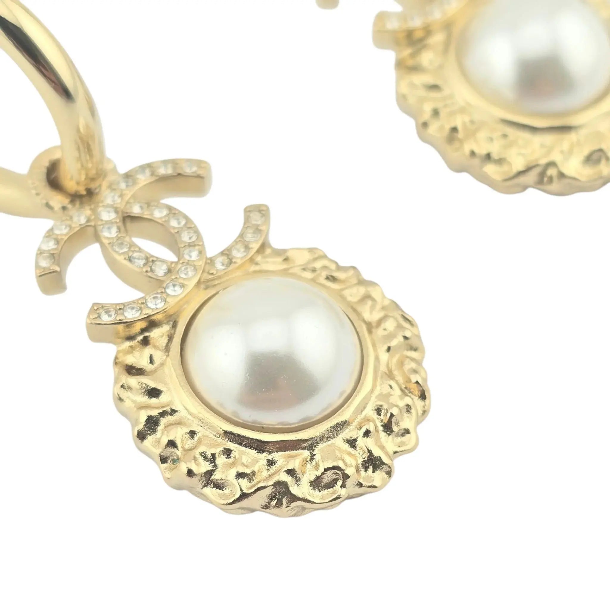 Chanel CC Faux Pearl & Strass Drop Hoop Earrings 2022 CHANEL