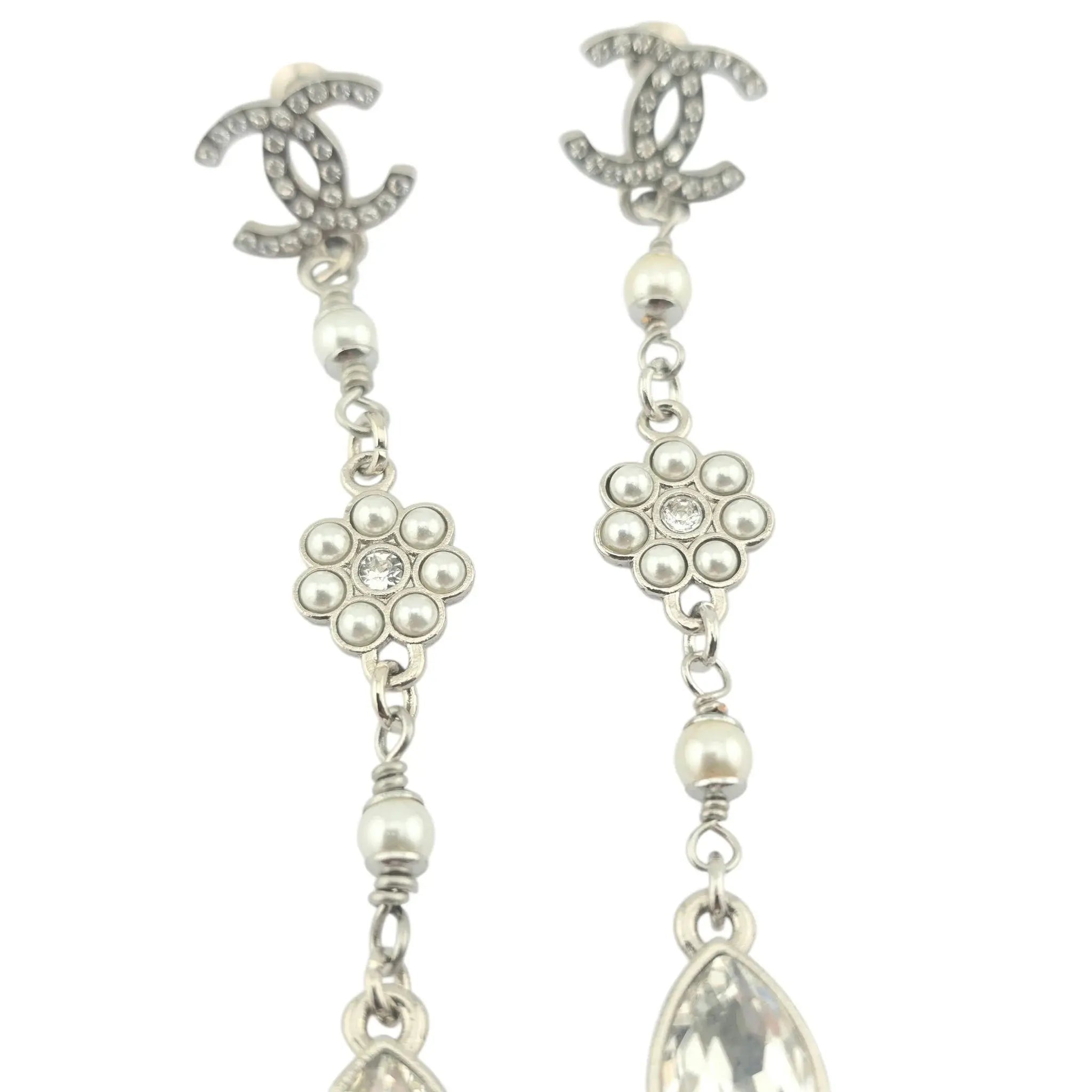 Chanel CC Drop Crystal Faux Pearls Silver Earrings 2020 CHANEL