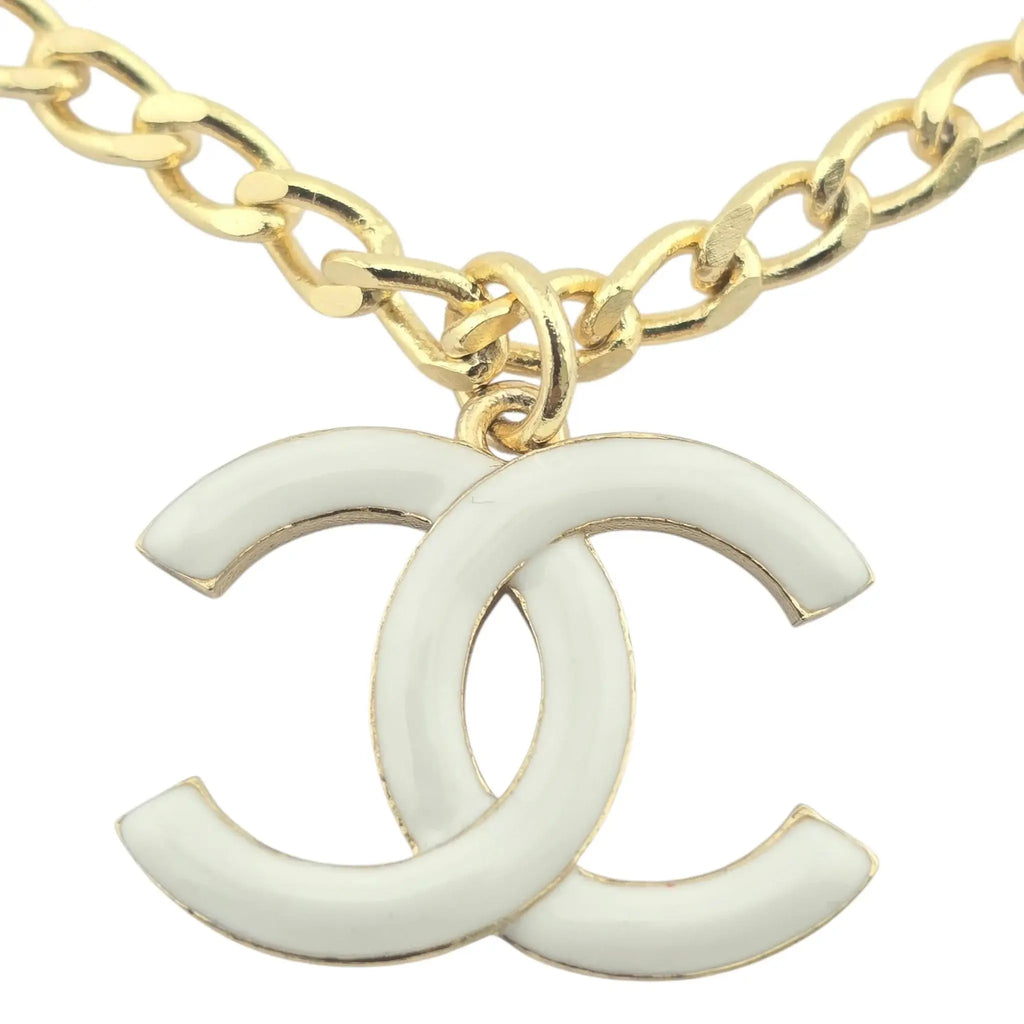 Chanel CC Gold White Enamel Pendant Necklace A22 CHANEL