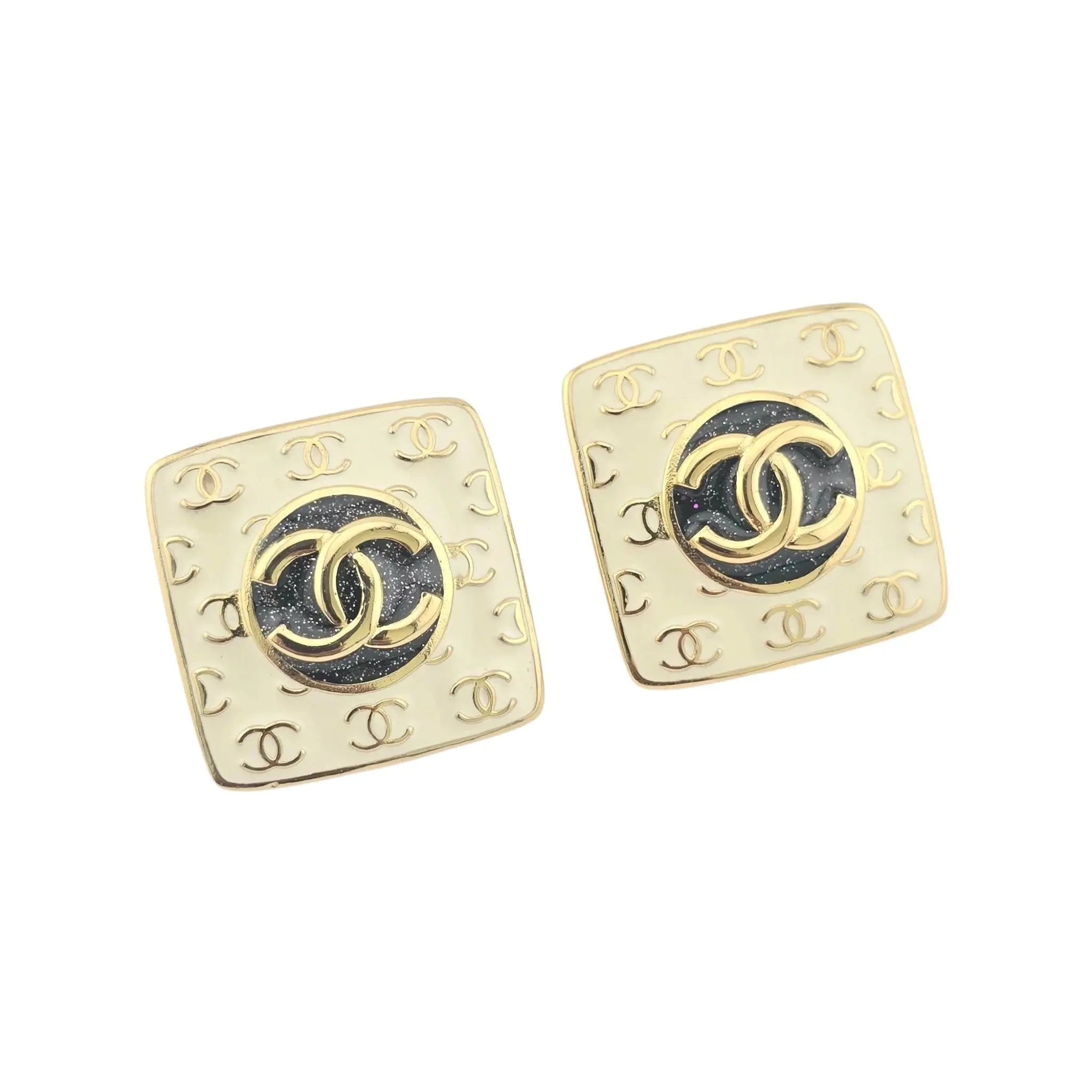 Chanel CC Square White Gold Enamel Earrings C24 CHANEL