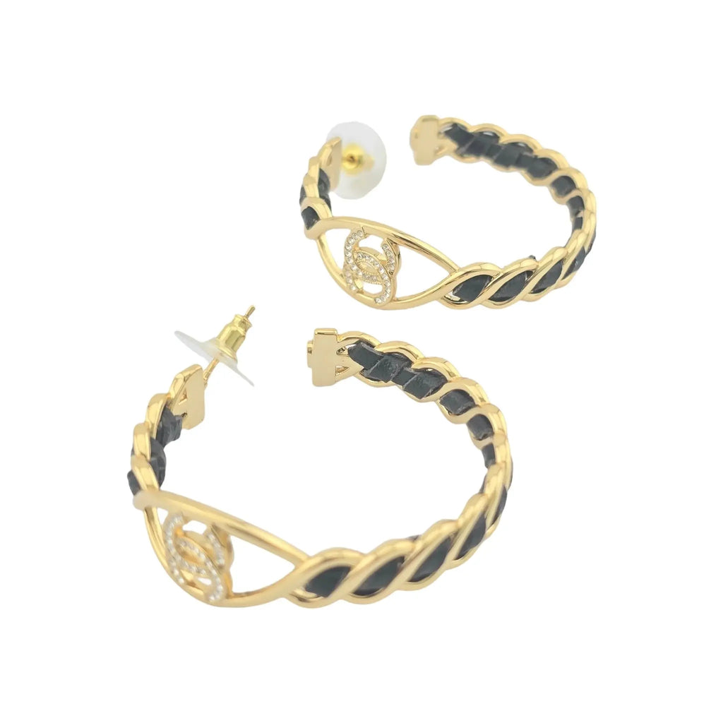 Chanel CC Hoop Leather Strass Earrings 2024 CHANEL