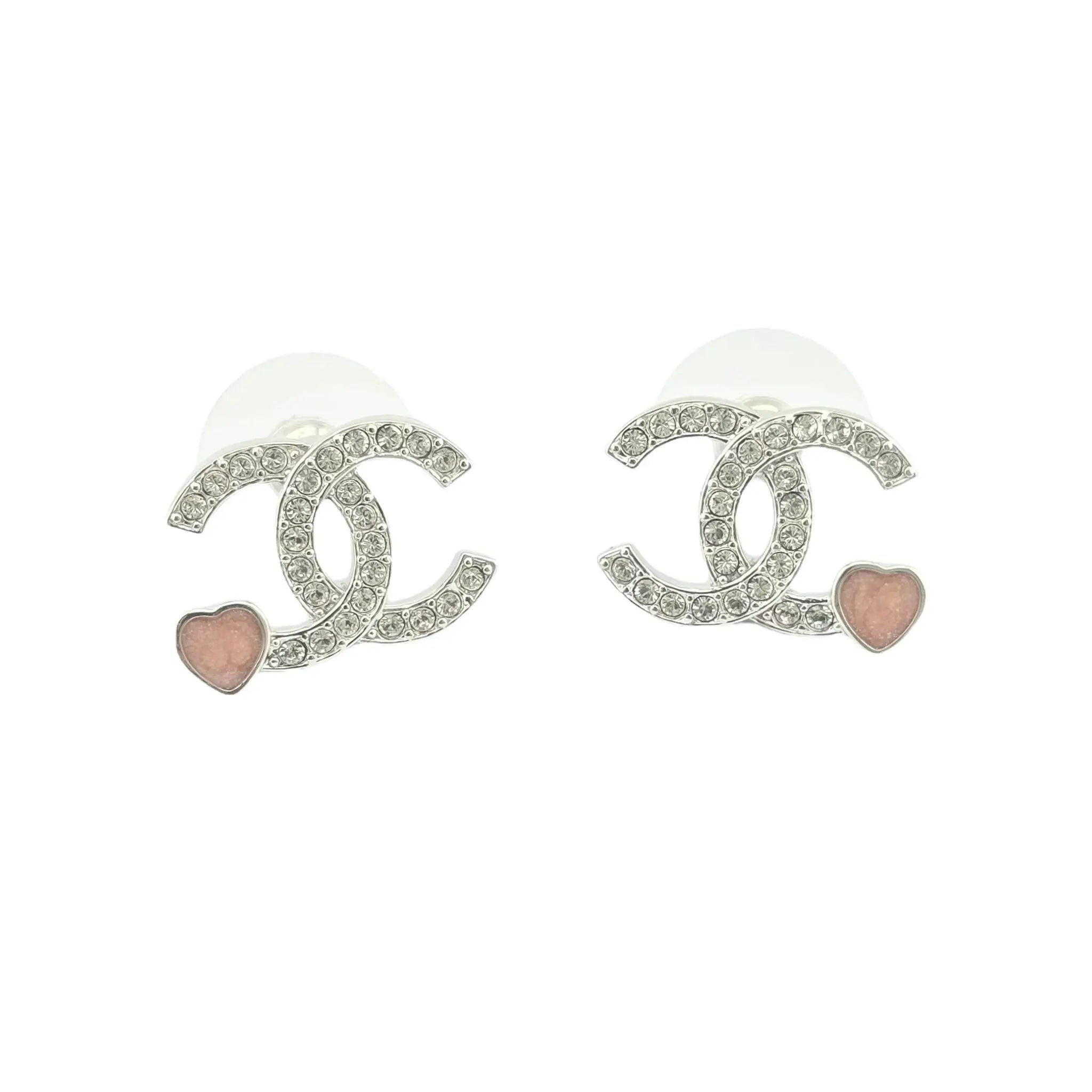 Chanel CC Silver Red Crystal Heart Stud Earrings CHANEL