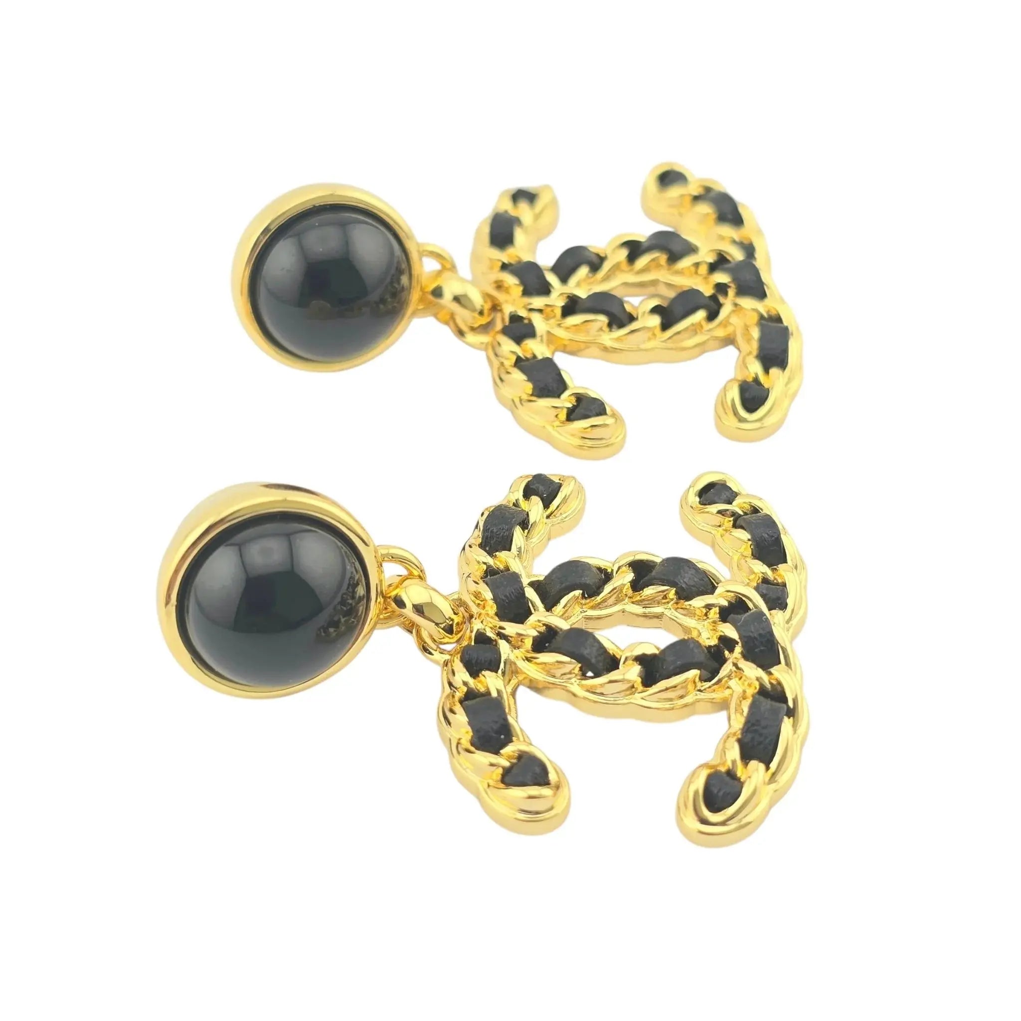 Chanel CC Gold Black Leather Drop Earrings B24 CHANEL