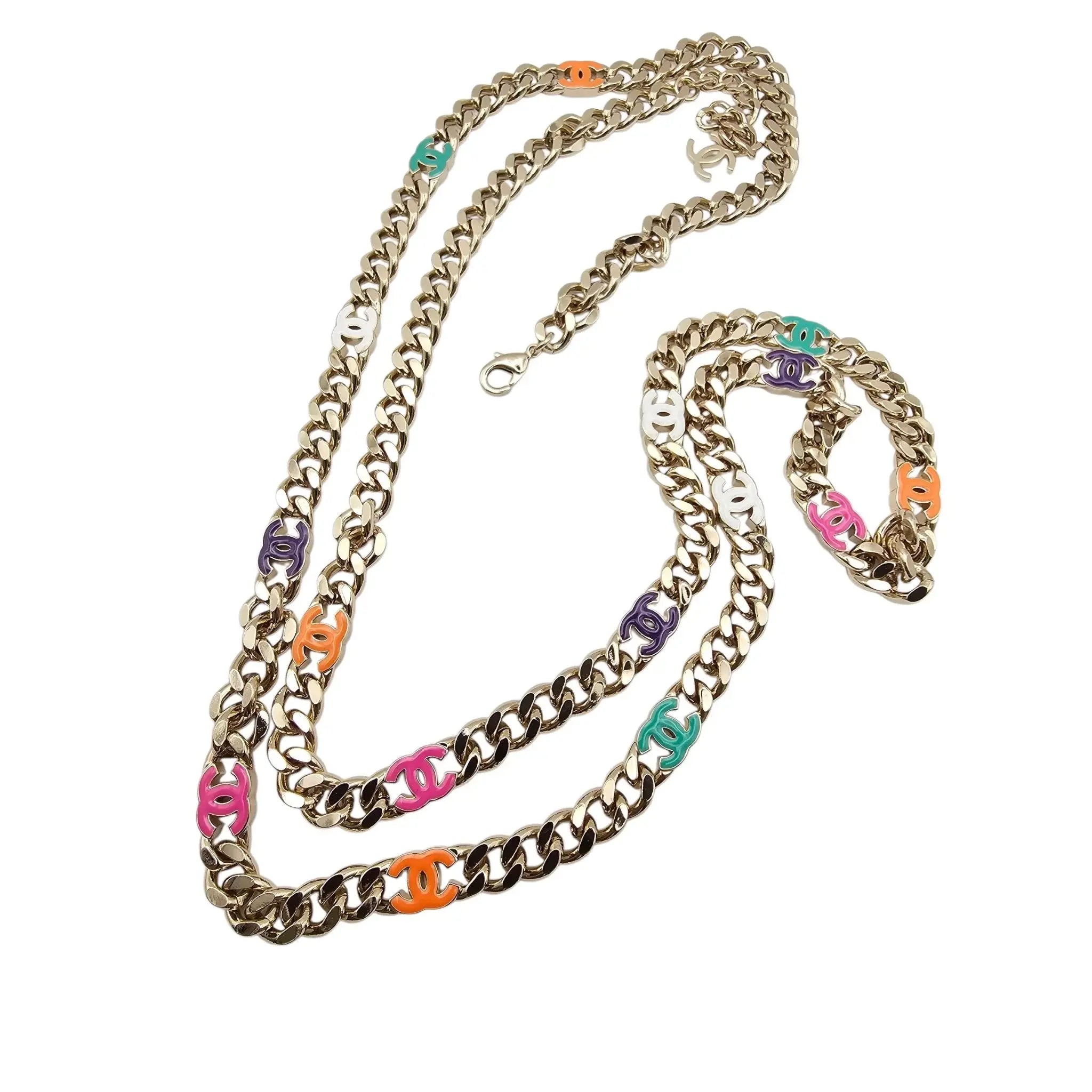 Chanel Metal Enamel Chain CC Long Necklace Gold Multicolor B24 BIJOUX HEAVEN