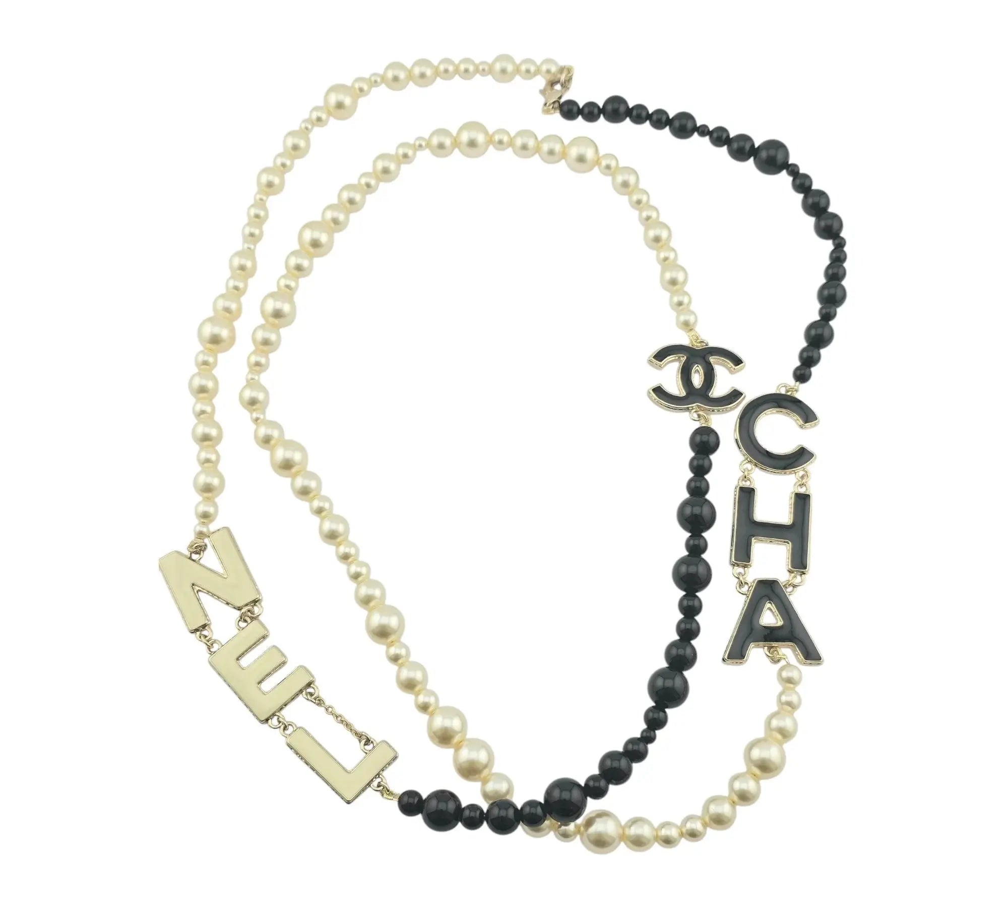 Chanel CC Metal Enamel Pearl Beaded Long Necklace Black White 2022 CHANEL