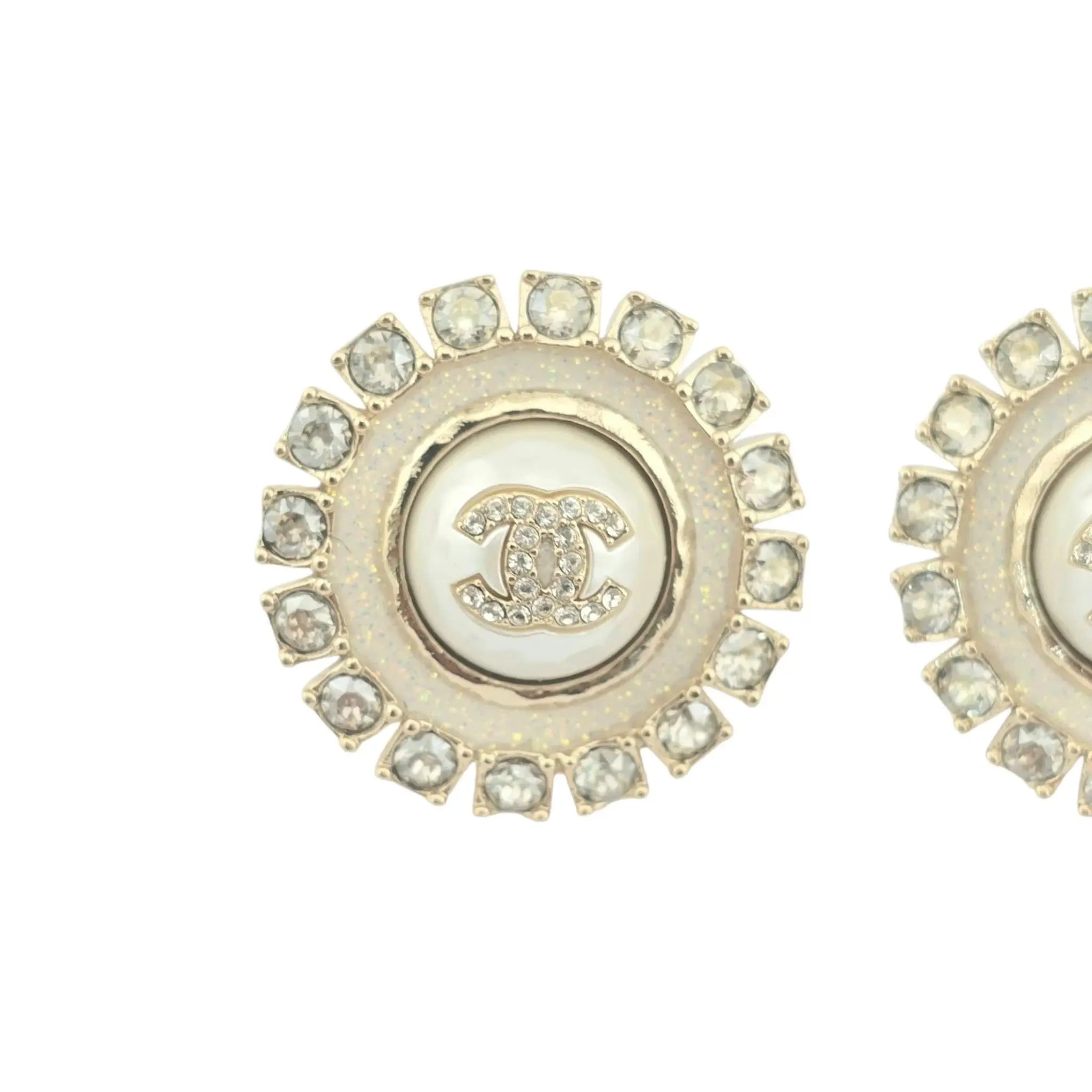 Chanel Metal Pearl Crystal CC Round Earrings Light Gold 2024 CHANEL