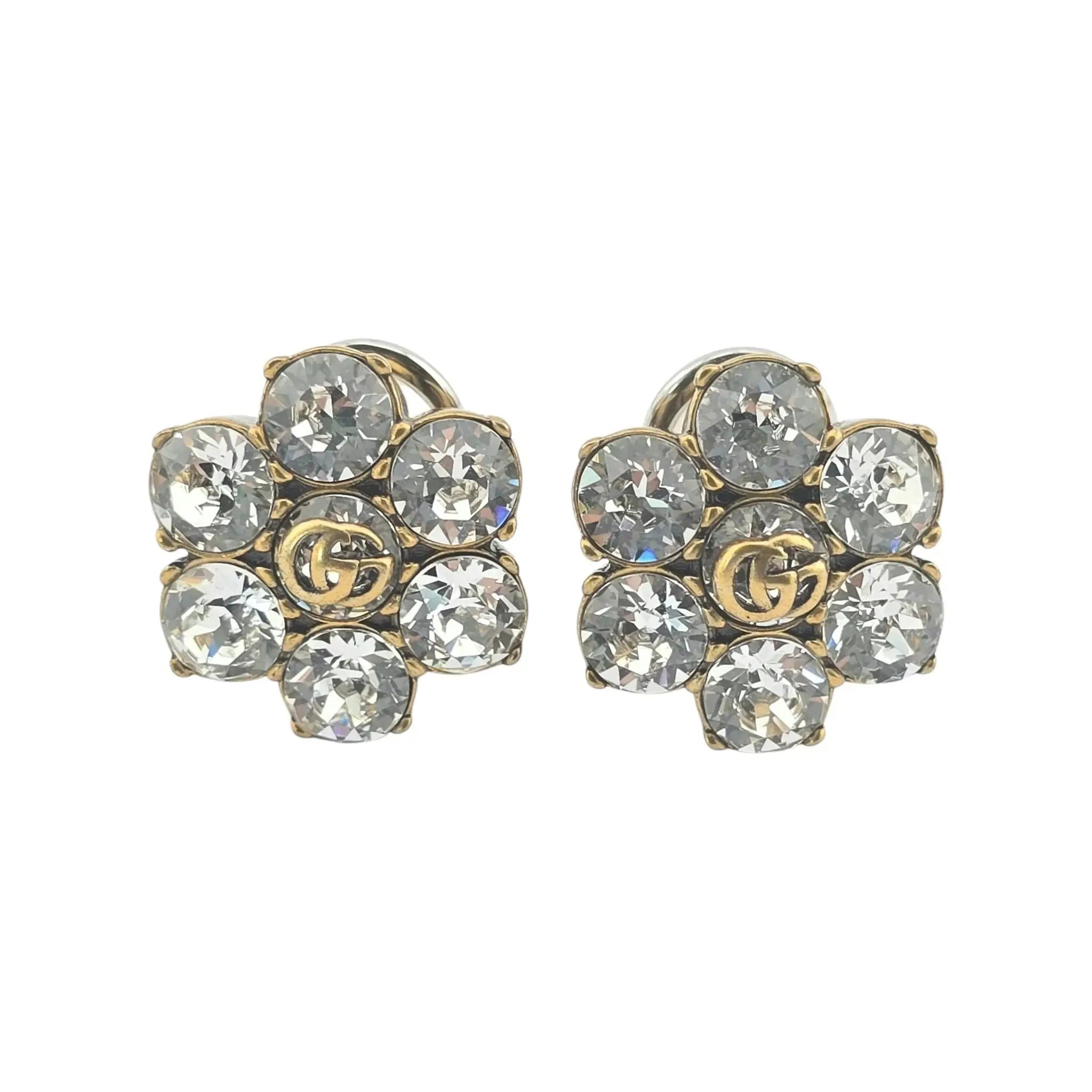 GUCCI Metal Crystal Double G Clip On Earrings Aged Gold GUCCI