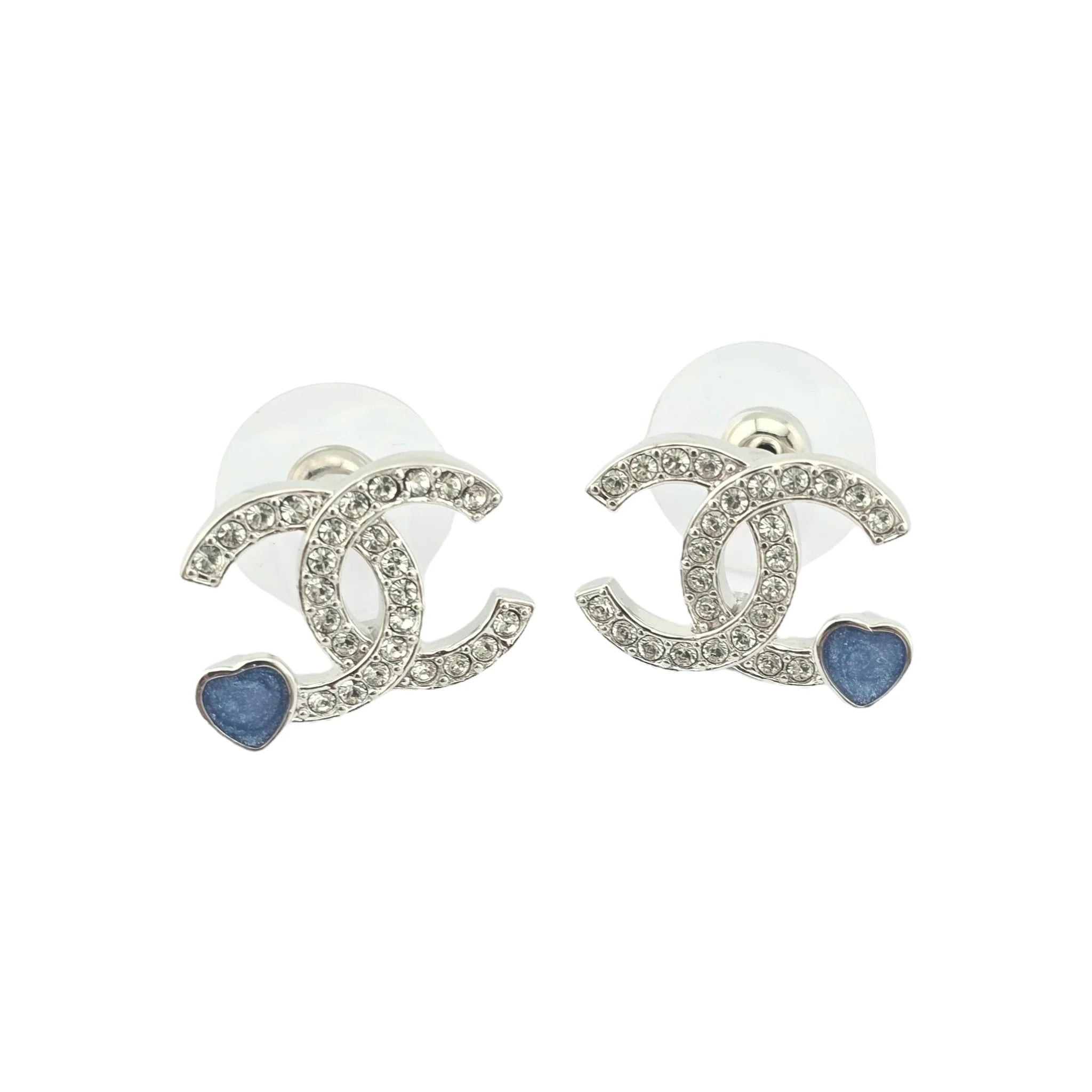 Chanel CC Silver Crystal Blue Heart Stud Earrings 2025 CHANEL