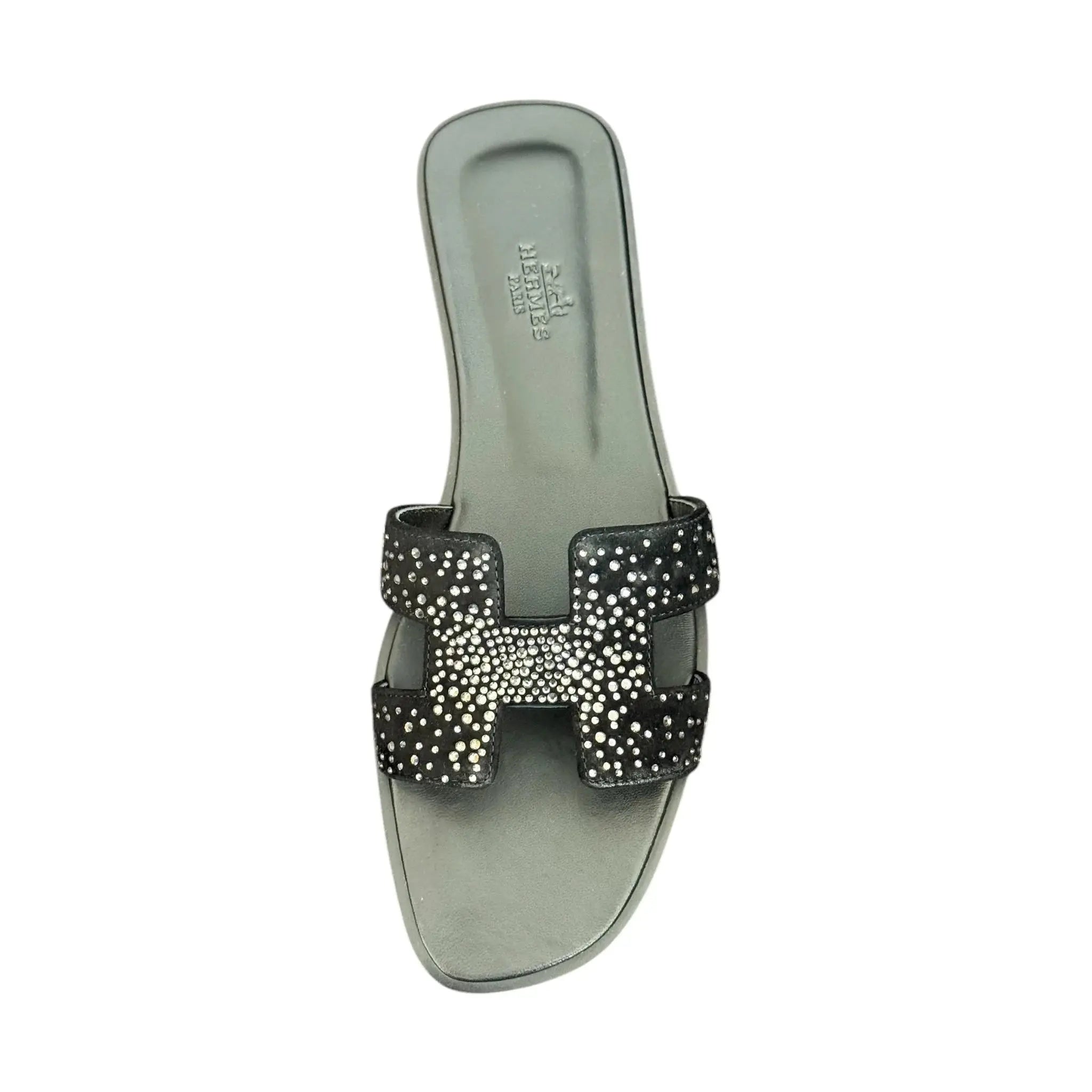 Hermes Oran Sandal Black Crystal Embellished Suede - 40 HERMES