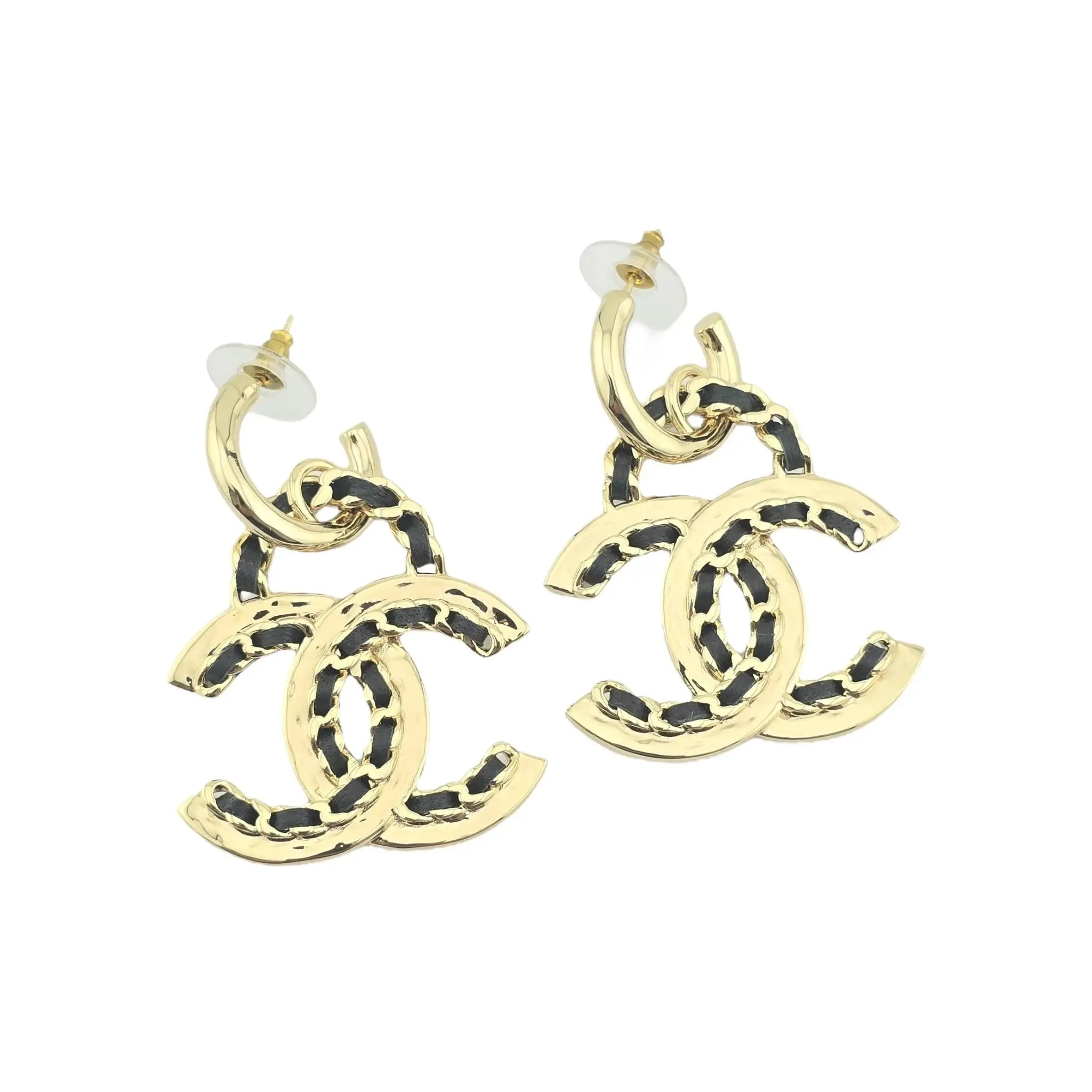 Chanel CC Gold Black Woven Leather Drop Earrings 2021 CHANEL