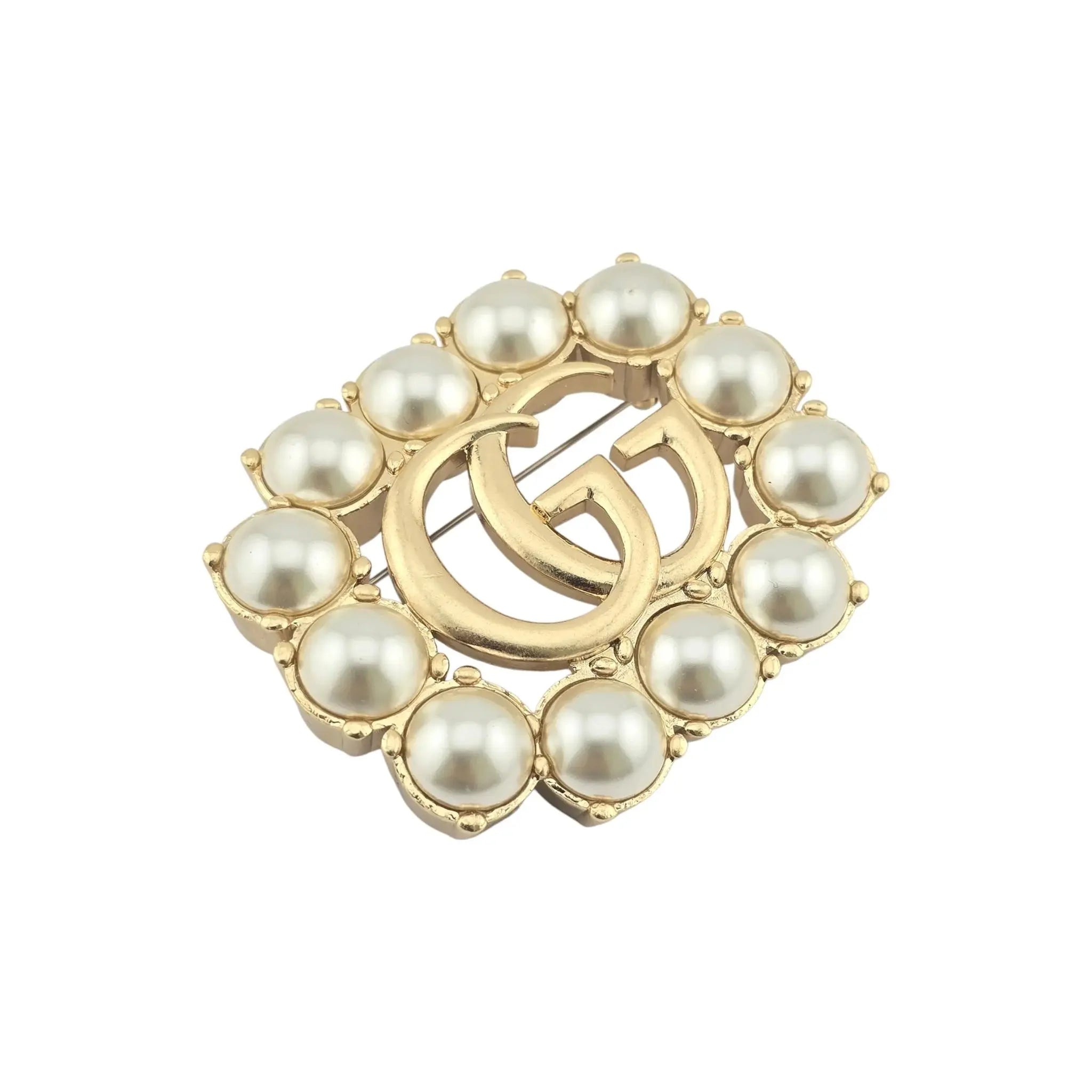 GUCCI GG Pearl Double G Brooch Aged Gold GUCCI