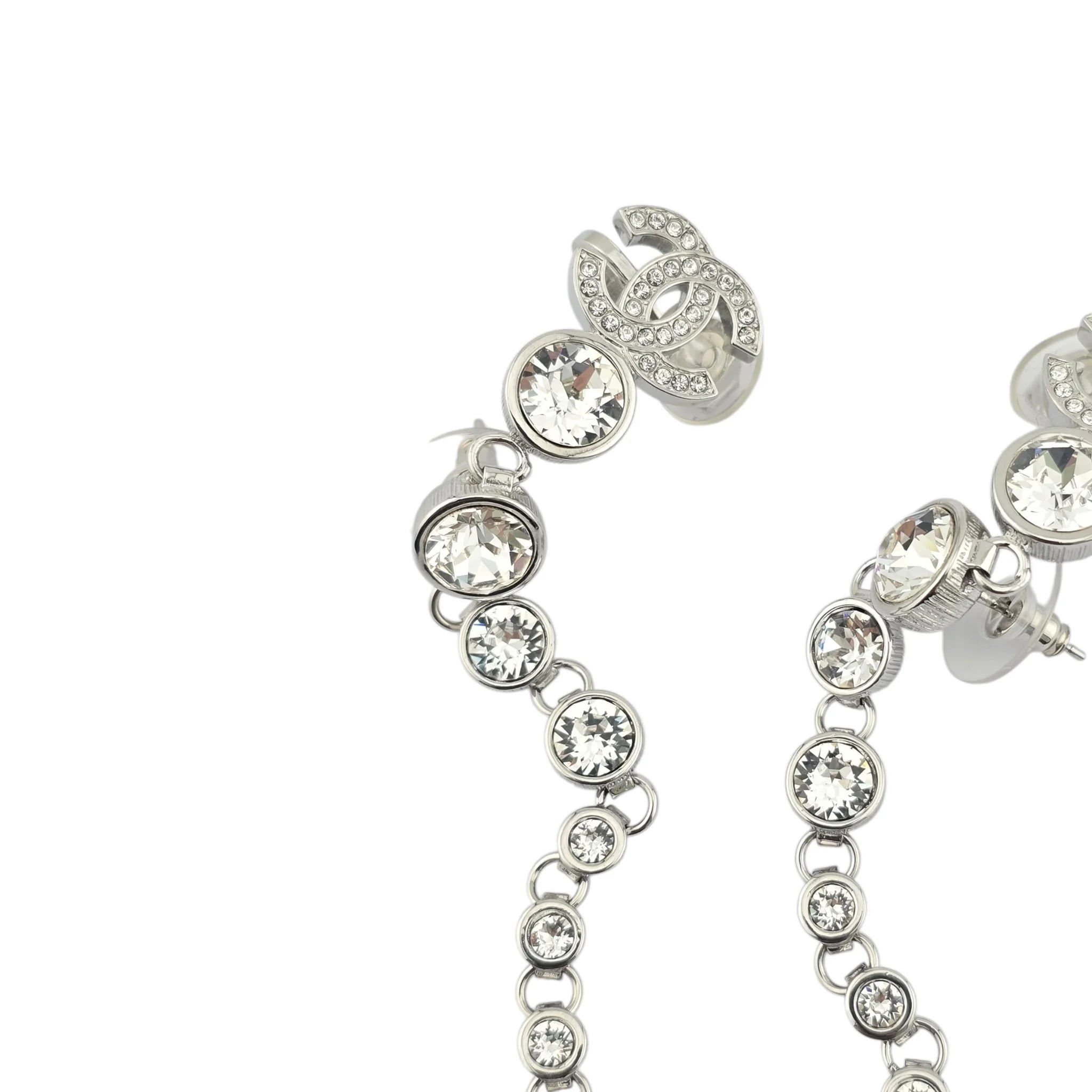Chanel CC Crystal Cuff Climber Long Drop Earrings Silver 2023 CHANEL