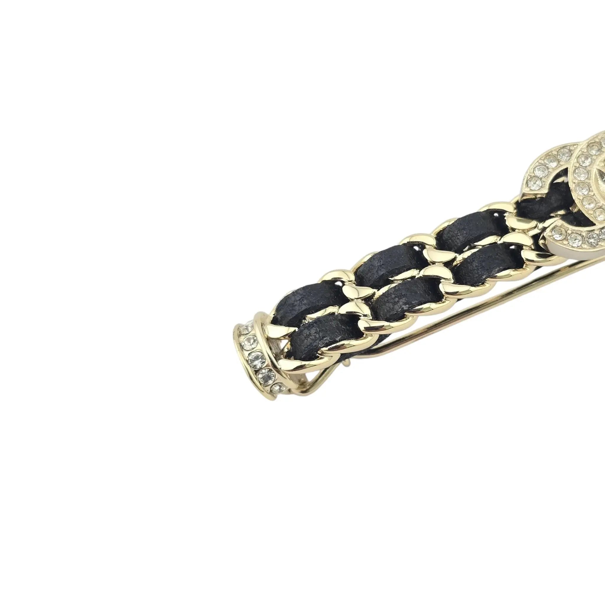 Chanel CC Black Leather Crystal Hair Barrette Clip B21 CHANEL