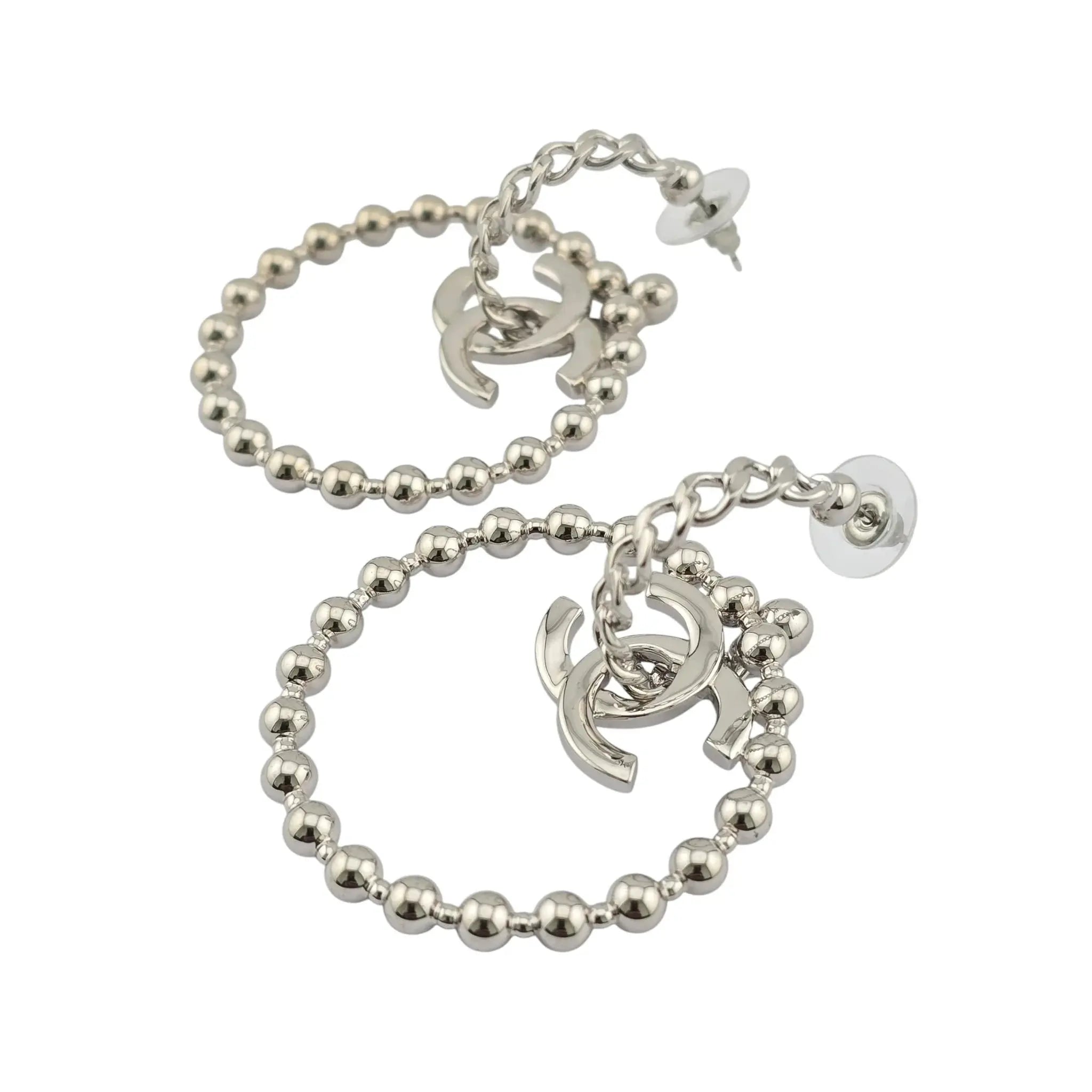 Chanel Silver Metal Tone CC Cross Chain Hoop Earrings 2022 CHANEL