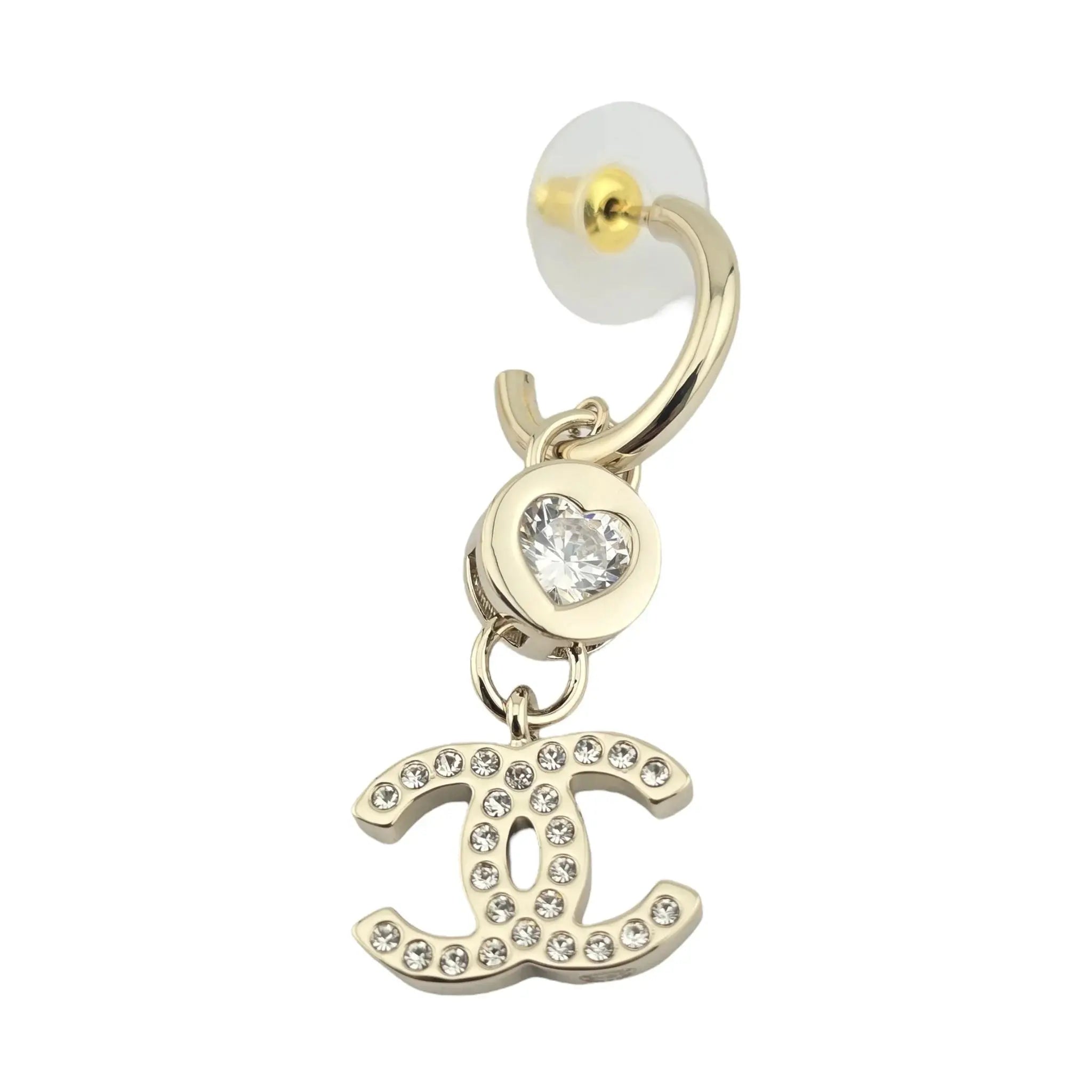 Chanel CC Crystal Heart Drop Earrings Gold CHANEL
