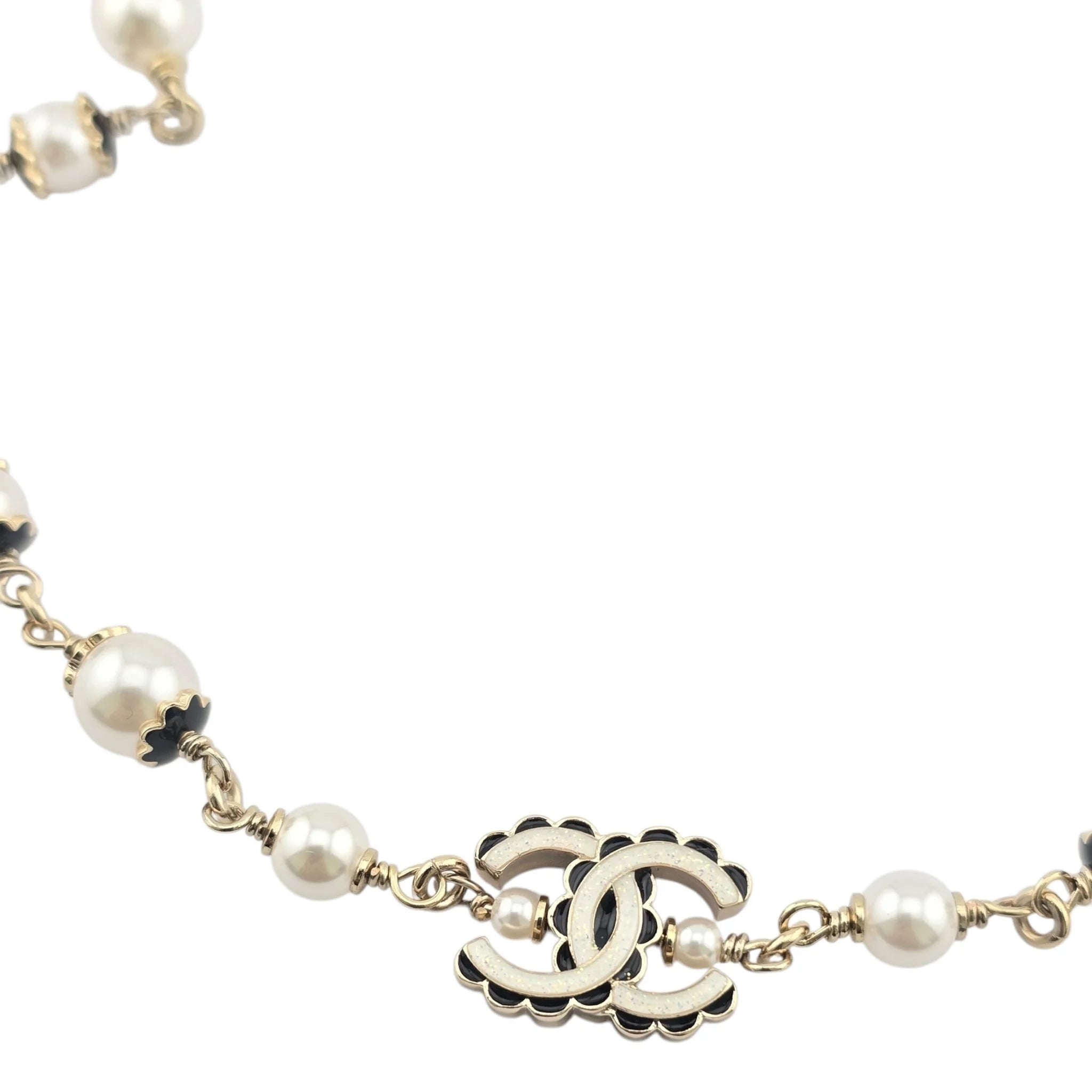 Chanel CC Pearl Gold Long Necklace Black White 2024 CHANEL