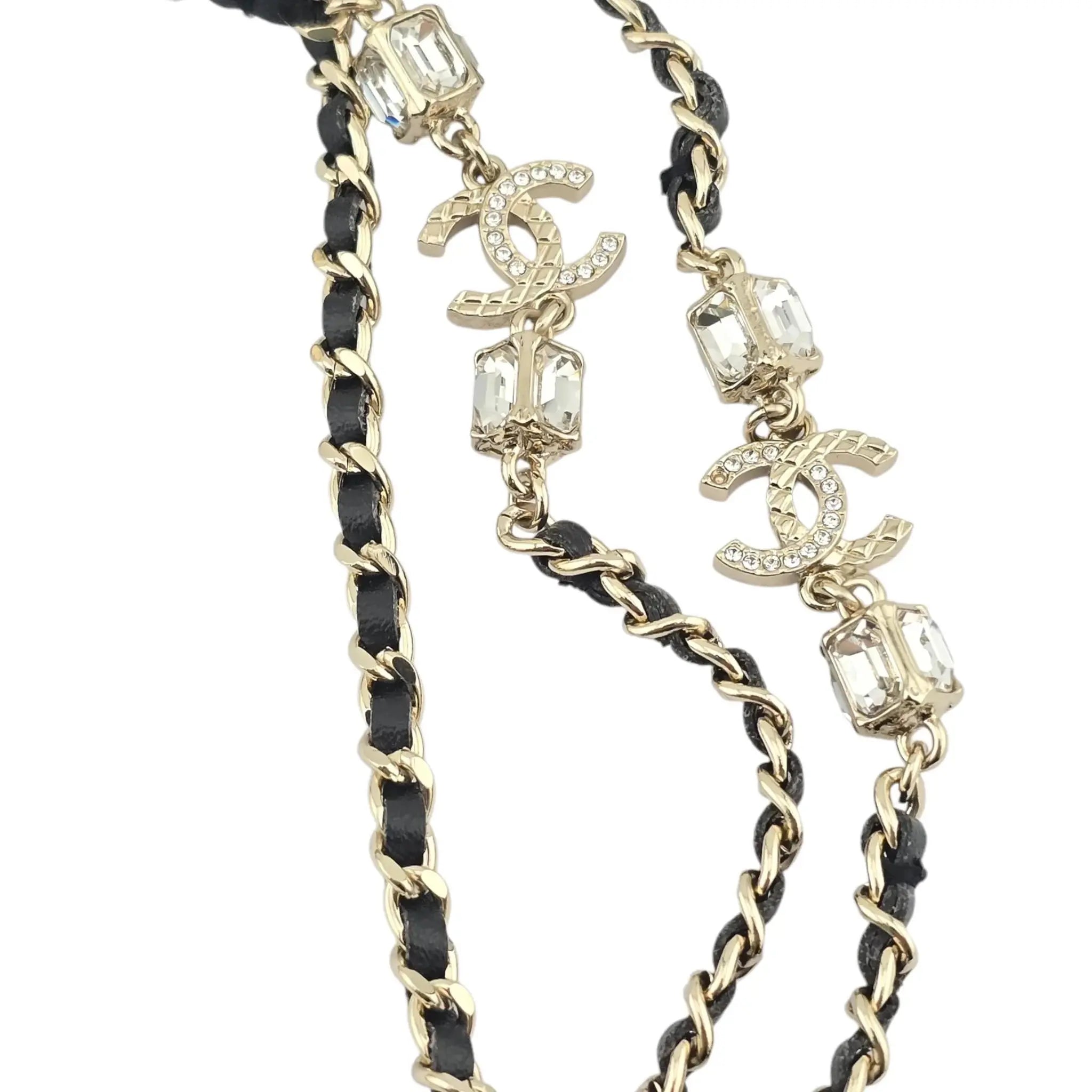 Chanel CC Gold Black Leather Long Necklace A23 CHANEL