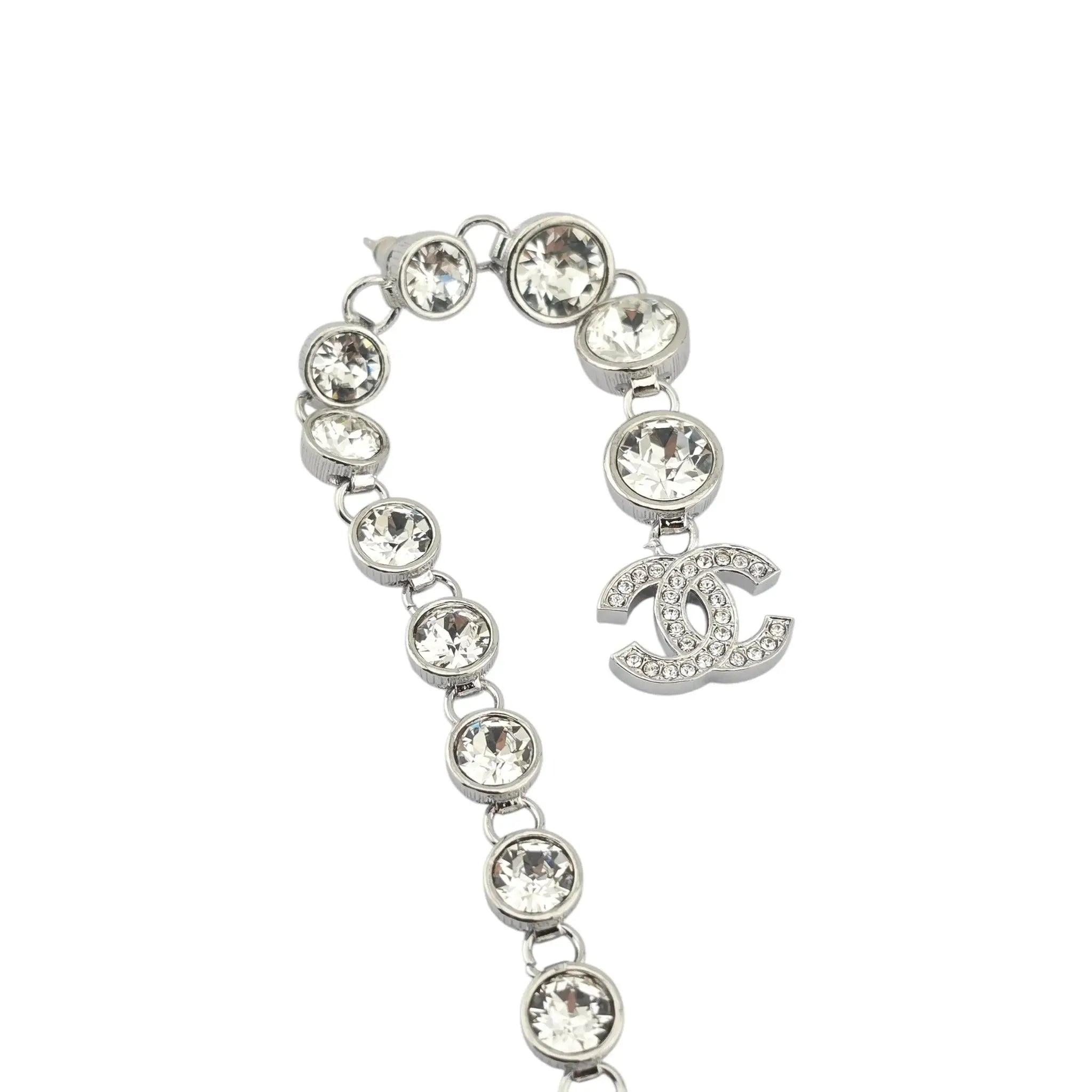 Chanel Crystal CC Long Drop Earrings Silver 2023 CHANEL