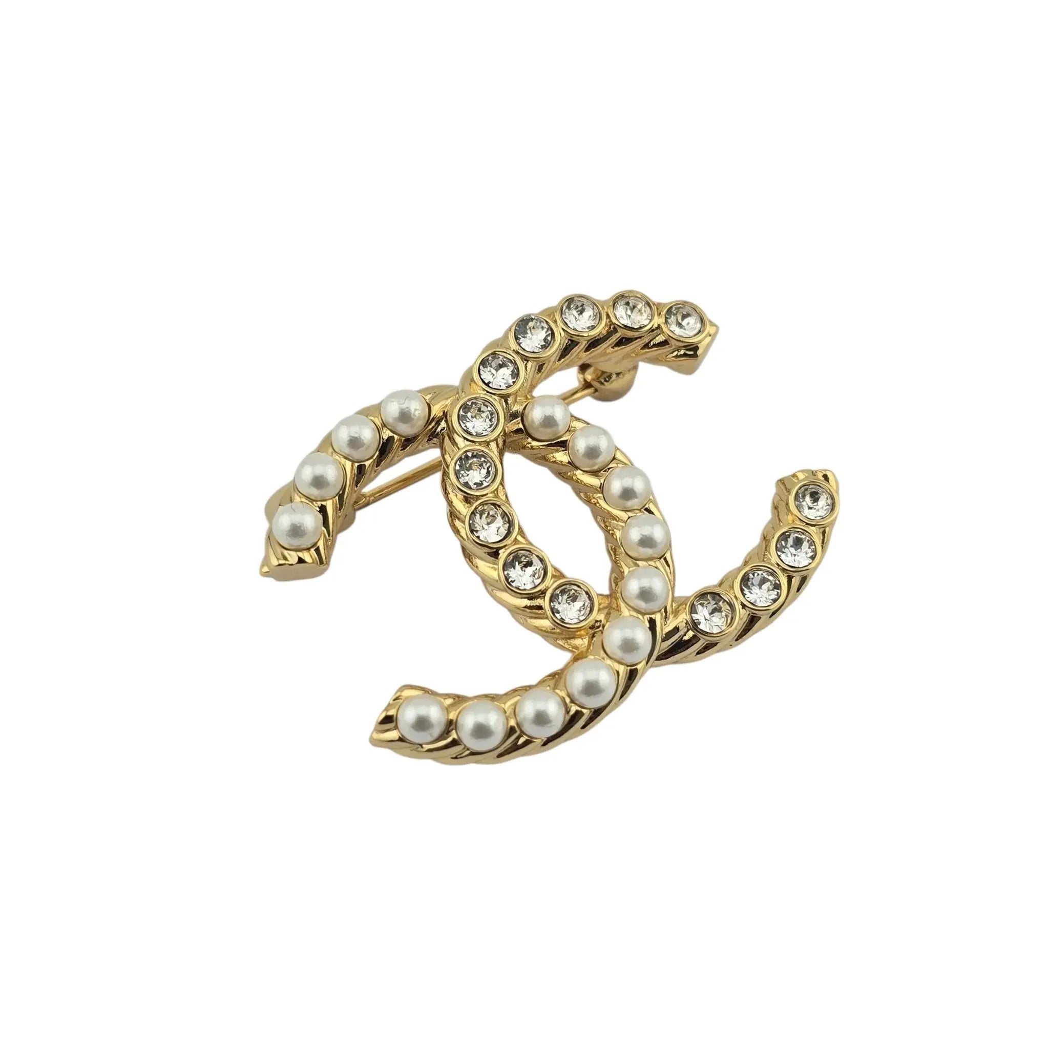 Chanel CC Gold Faux Pearls Crystals Brooch 2023 CHANEL