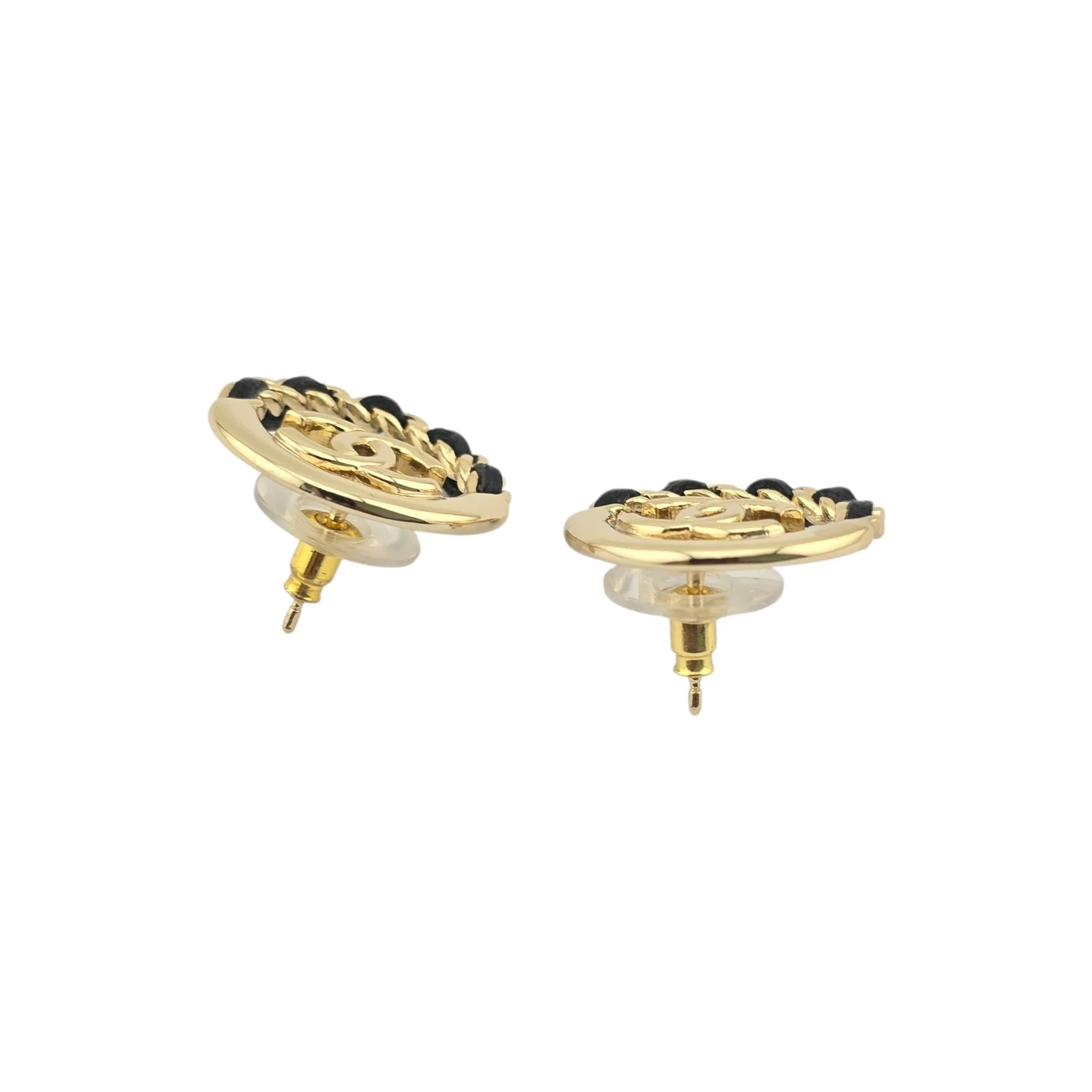 Chanel CC Round Gold Black Leather Earrings 2022 CHANEL