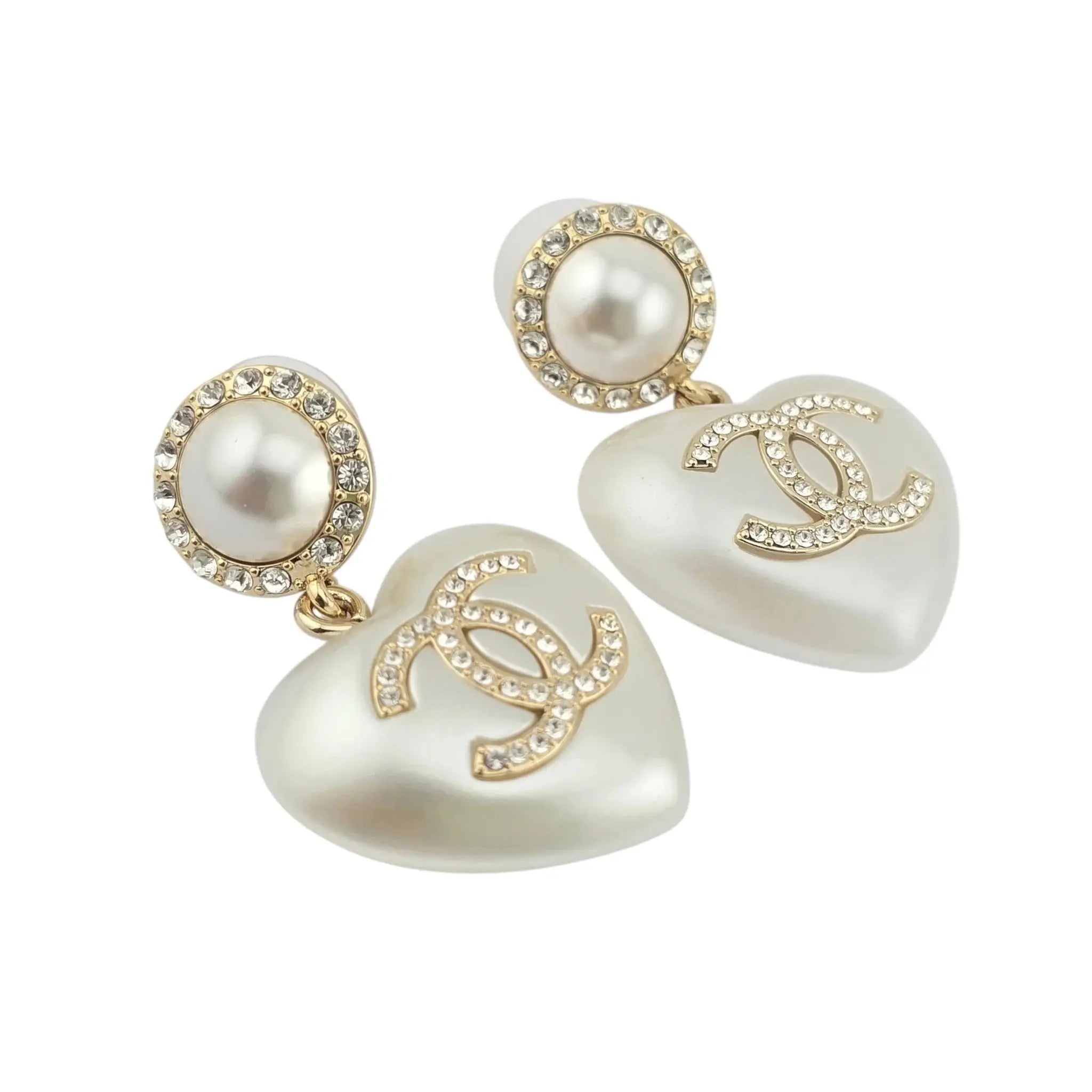 Chanel CC Pearl Crystal Heart Drop Earrings Gold 2021 CHANEL